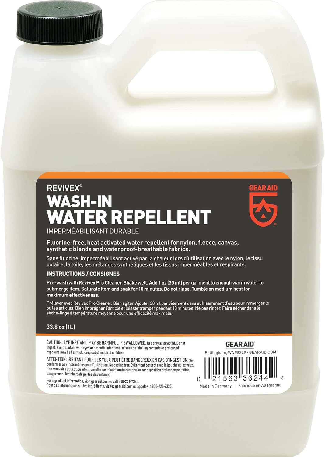 GEAR AID Wash-in Water Repellent, Long-Lasting Waterproofing for Snow and Rain Outdoor Gear, Concentrated Formula, Durable Protection Against the Elements, 1 Liter (33.8 fl oz)