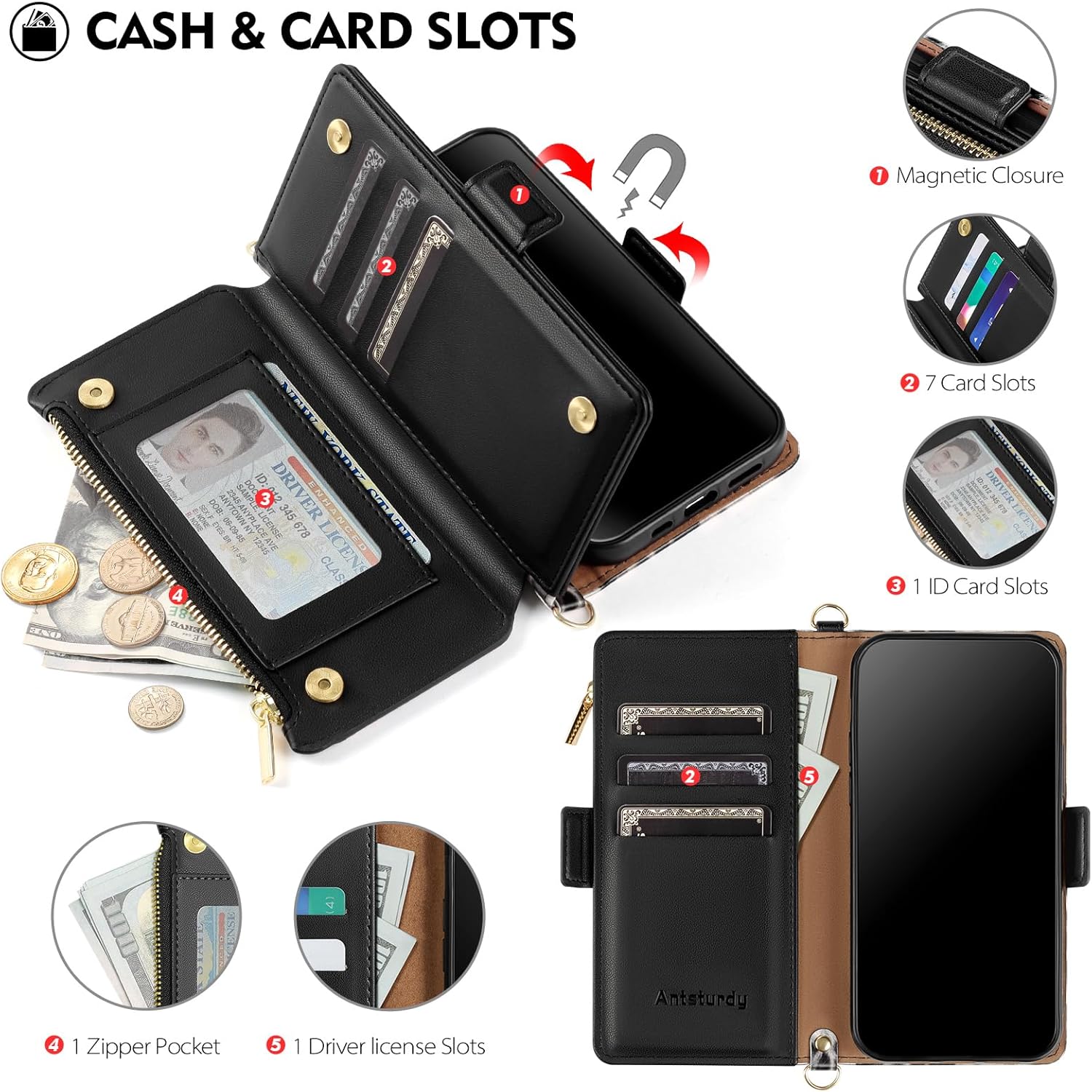 Antsturdy iPhone 15 Pro Crossbody Wallet Case 6.1",Leop-White/Black with RFID Blocking & Zipper Closure | PU Leather Flip Cover with 7 Card Slots Card Holder and Detachable Wrist Strap