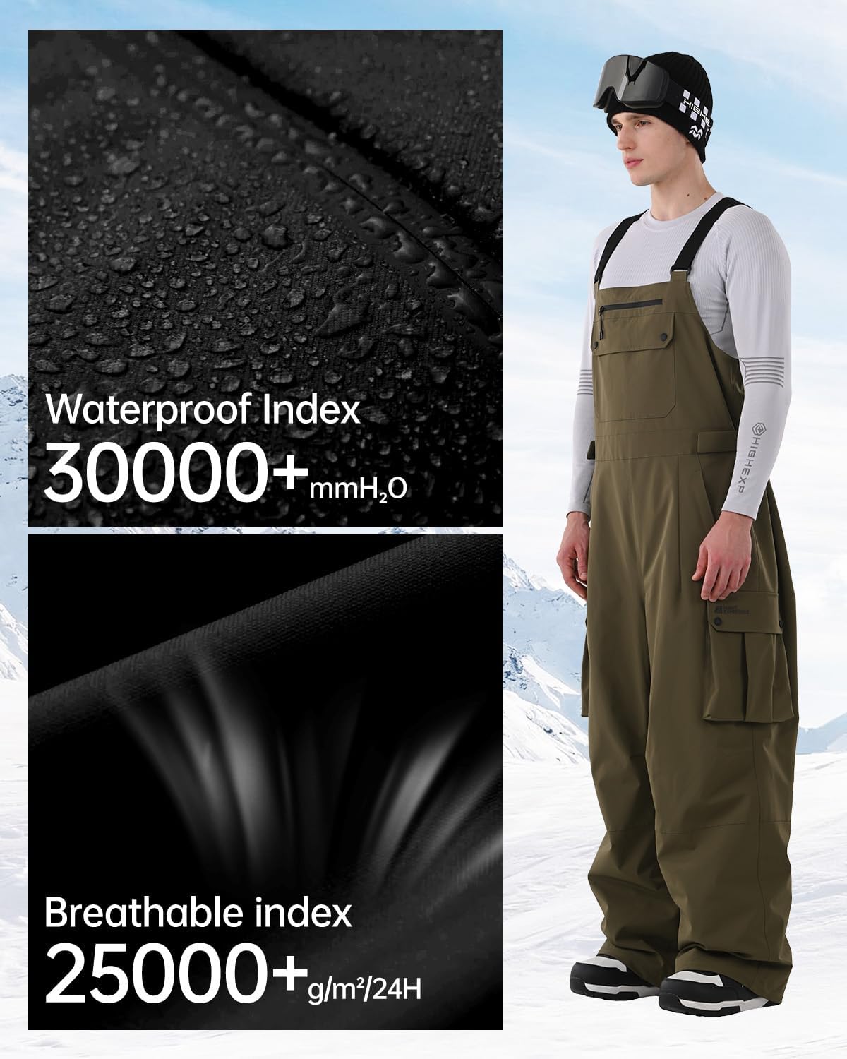Men Ski Bib 3L Snowboard Baggy Pants Snow Overalls Waterproof Windproof Insulate Warm Winter