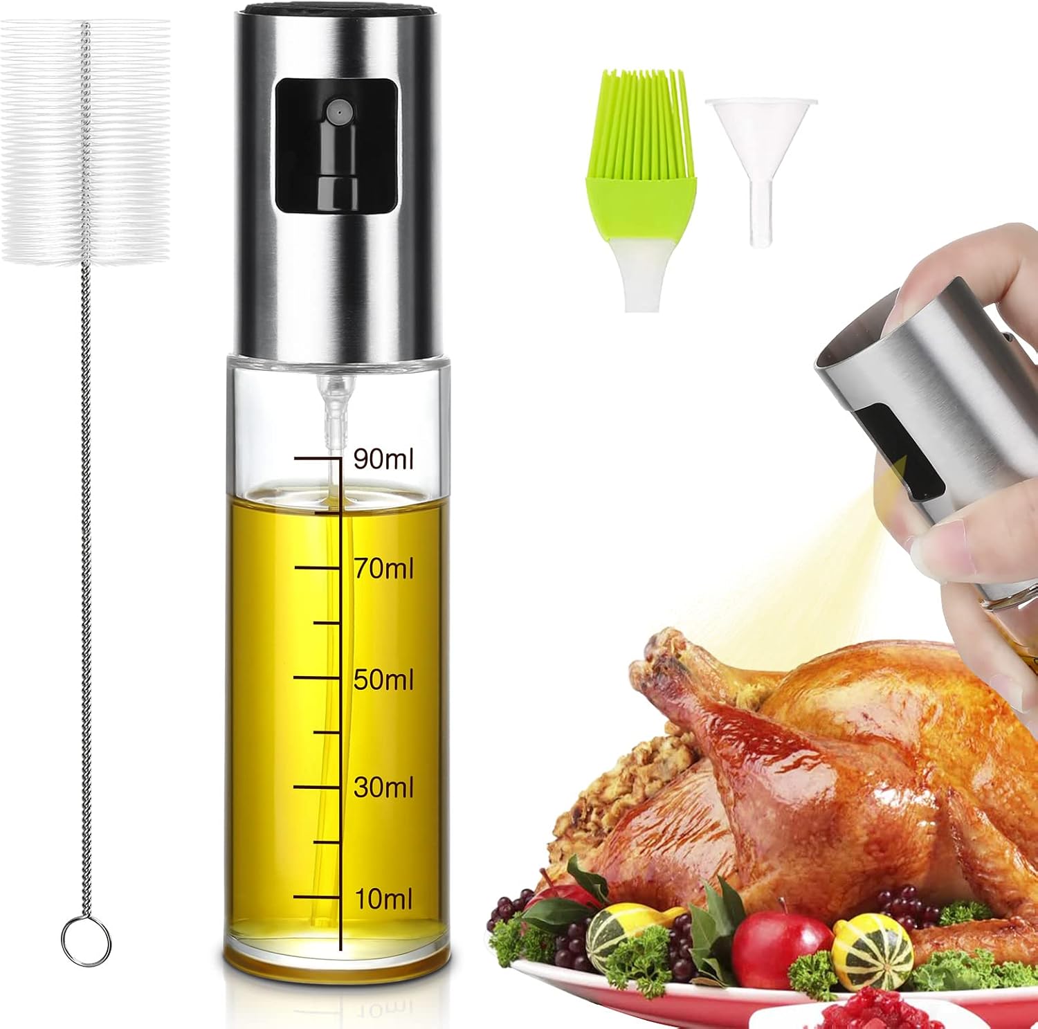 Eletorot Oil Sprayer Dispenser, Vinegar Sprayer, 100ml Refillable Oil and Vinegar Dispenser Glass Bottle, with Portable Brush, Premium 304 Stainless Steel