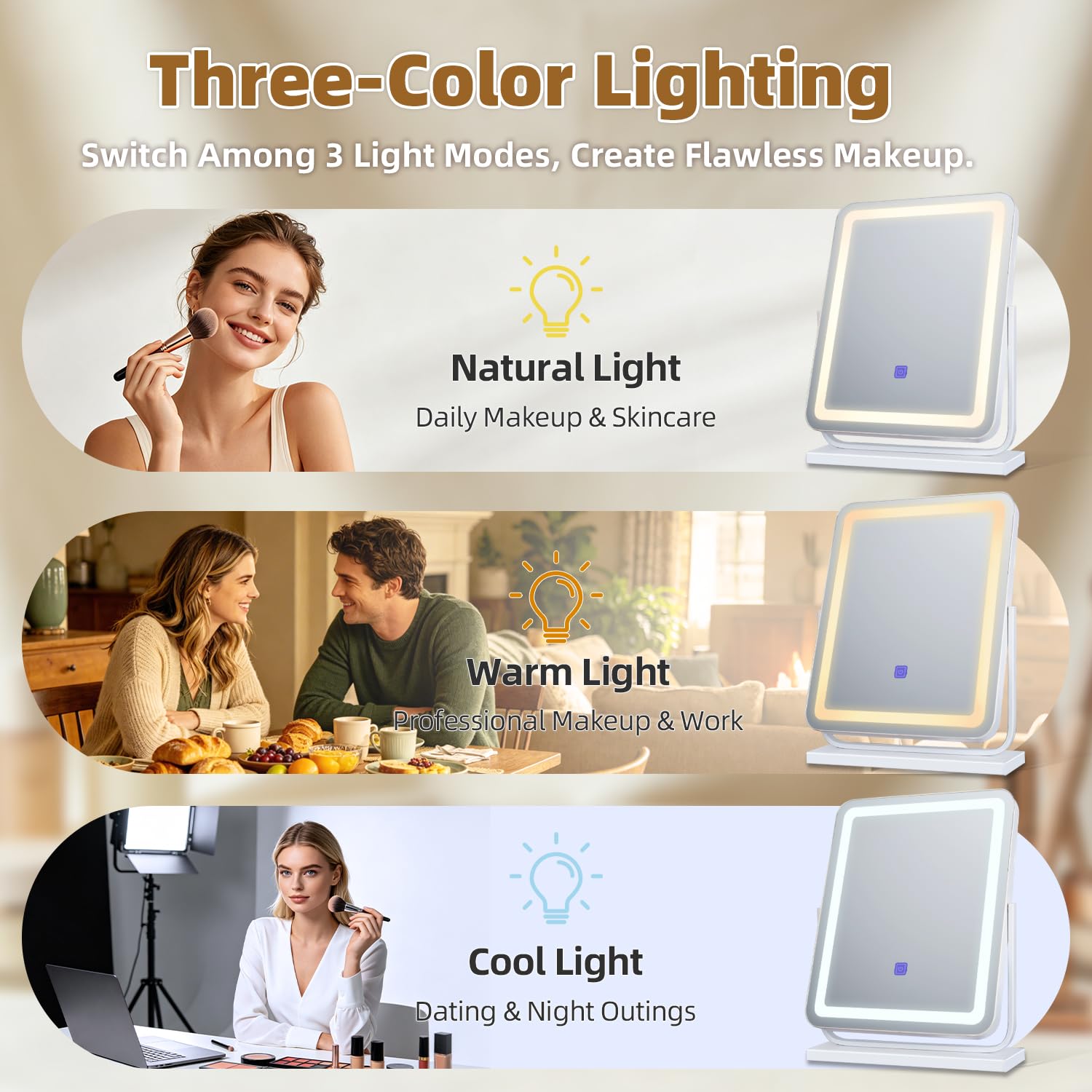 MantoLite Specchio cosmetico, dotato di illuminazione a tre livelli, girevole a 360 gradi e specchio cosmetico da tavolo dimmerabile, adatto per camere da letto e bagni.
