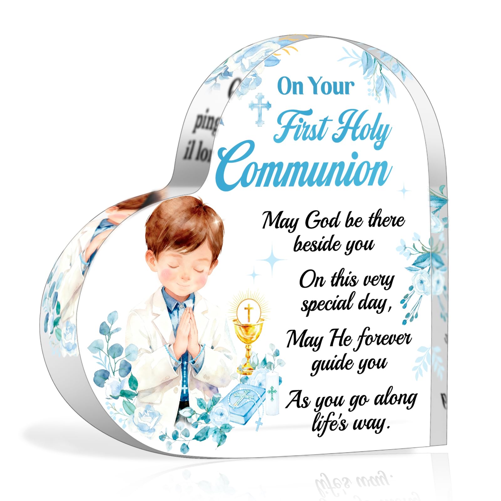 HOWAF First Holy Communion Gifts for Boys, Heart-Shaped Acrylic Plaque Keepsake for Table Decorations, 1st Holy Communion Gifts for Boys, Godson, Son, Grandson