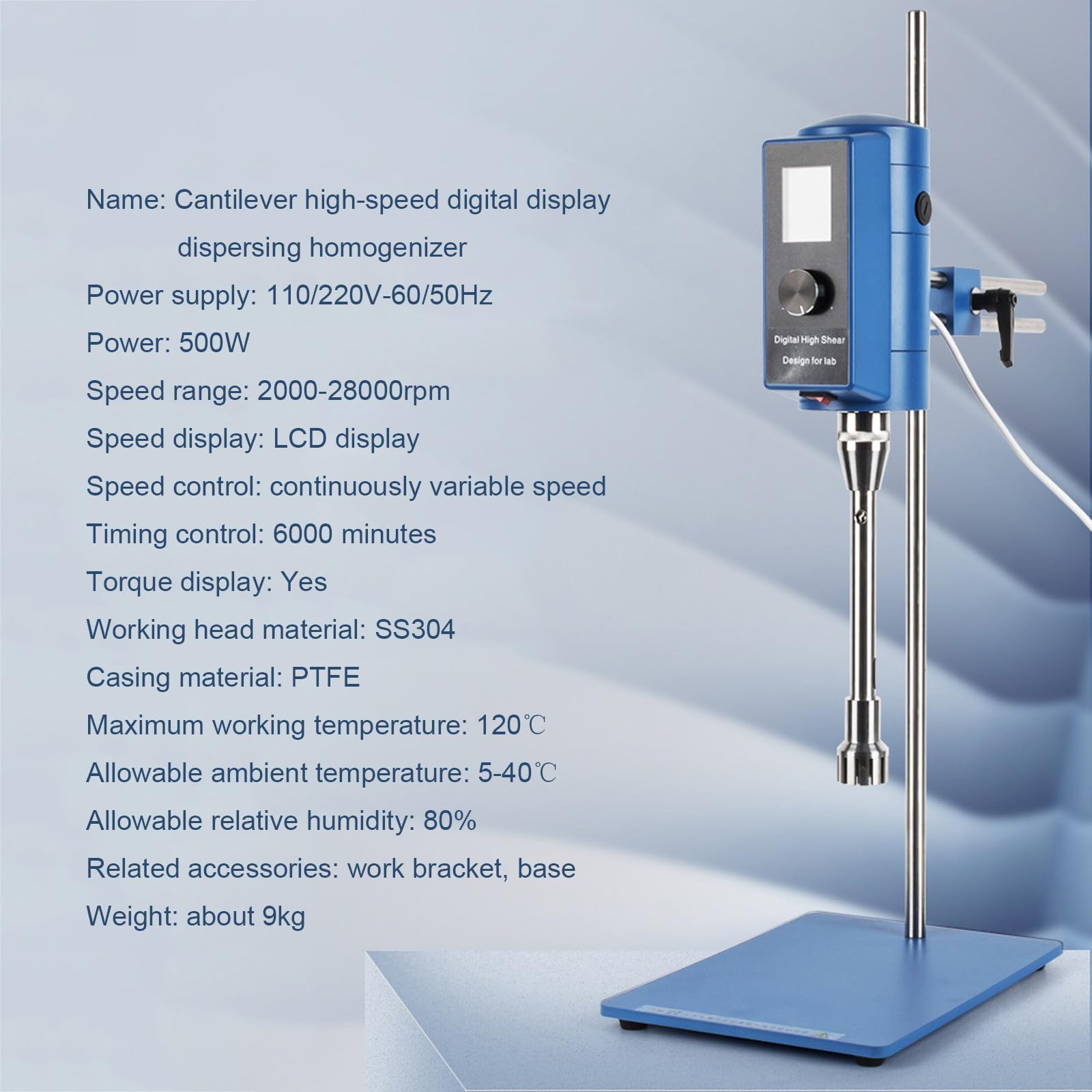 Hochgeschwindigkeits Homogenisator 220V 5–10000 ml Labormischer-Homogenisator, mit Digitalanzeige, Geschwindigkeit einstellbar 2000–28000 U/min, für Medien/Kosmetik/Lebensmittel,12G
