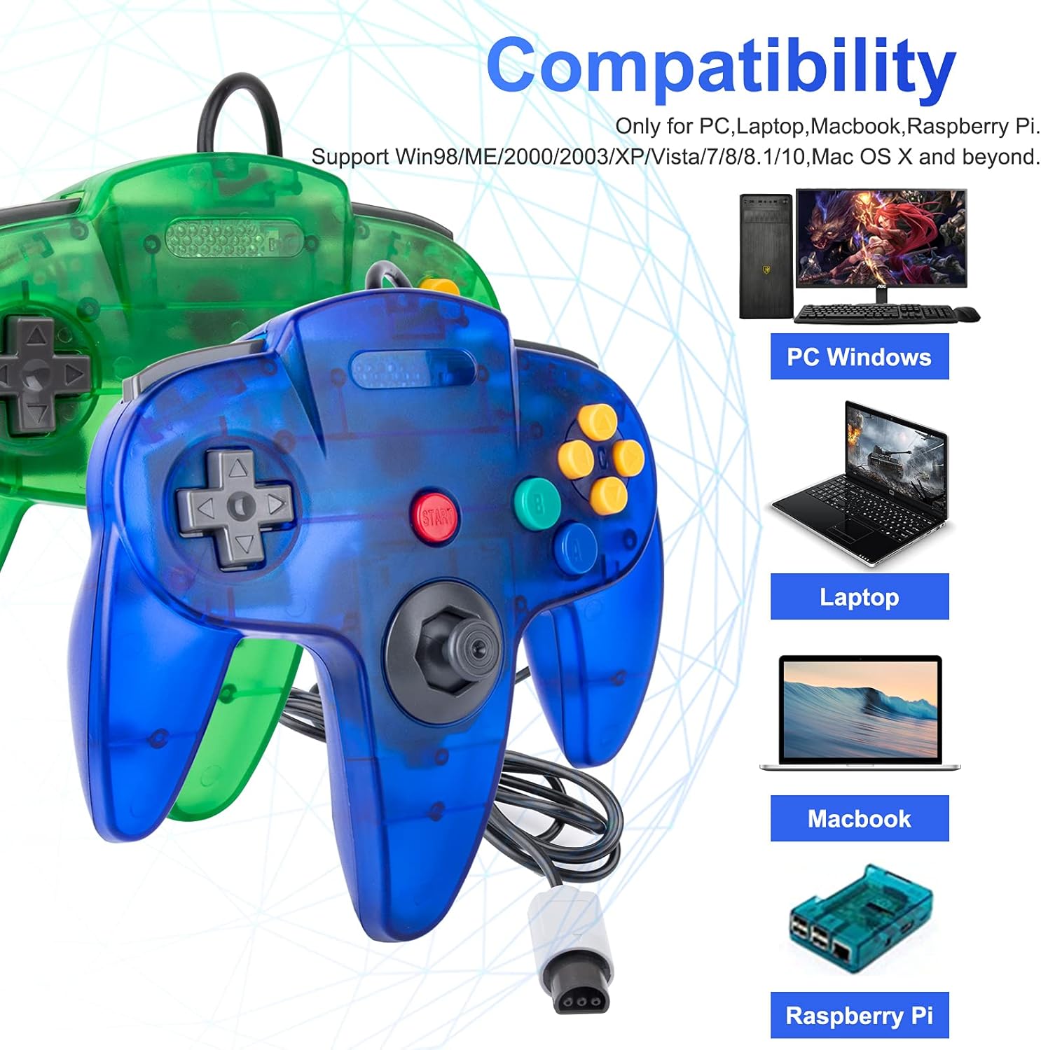 N64 Controller, Soanufa 2 Pack N64 Games Controller Compatible N64 Video Game System Console (Transparent Green+Transparent Blue)