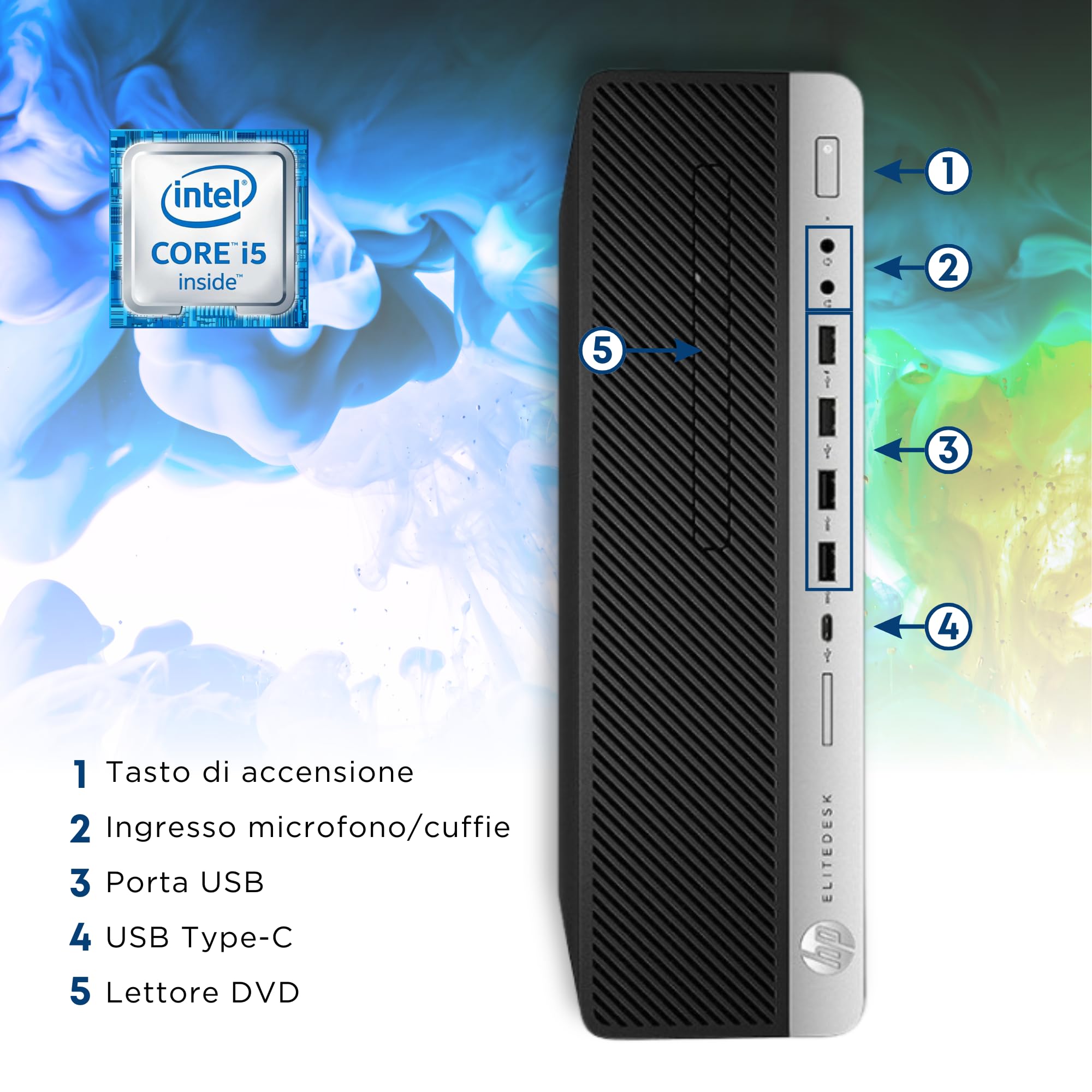 HP, Pc Desktop SFF Pronto All'Uso, Computer Pc Fisso Intel i5-8500 6 Core 3 GHz, Ram 16Gb, SSD 256Gb, Wi-FI, Libre Office, Win 11 Pro (Ricondizionato)