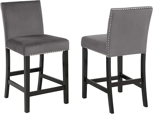 Dining Chairs for Room, Table & Seating Chair Sets Kitchen - Contemporary Velvet Counter Stool with Nailhead Trim, Set of 2, Rubber Wood Legs, 40