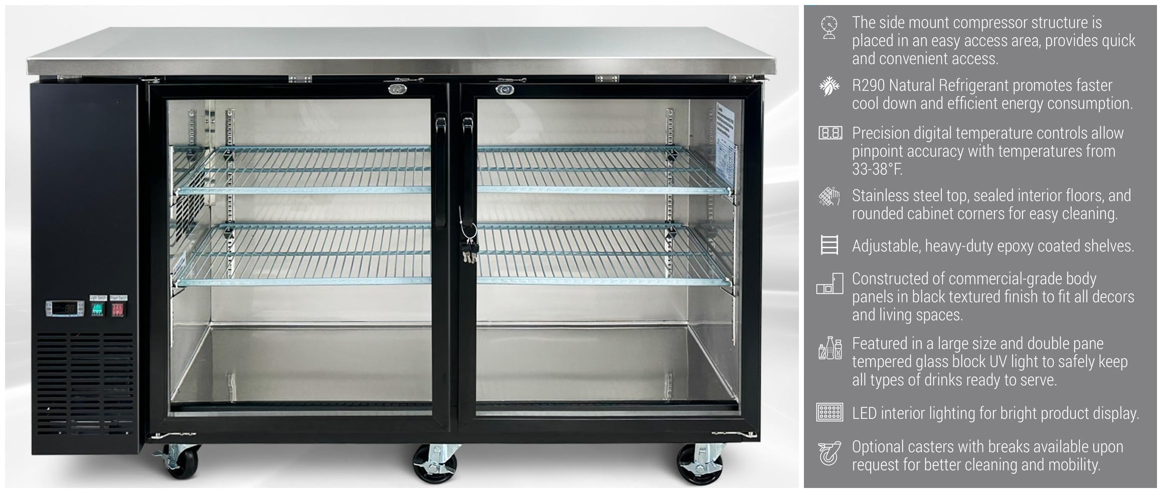Elite Kitchen Supply Commercial Beer Back Bar Cooler Refrigerator, ETL 2 Glass Door Bottle Display Fridge Cooler Merchandiser, LED Lighting, 60" W 15.8 cu.ft.. Black CBB60H on Fridge.com