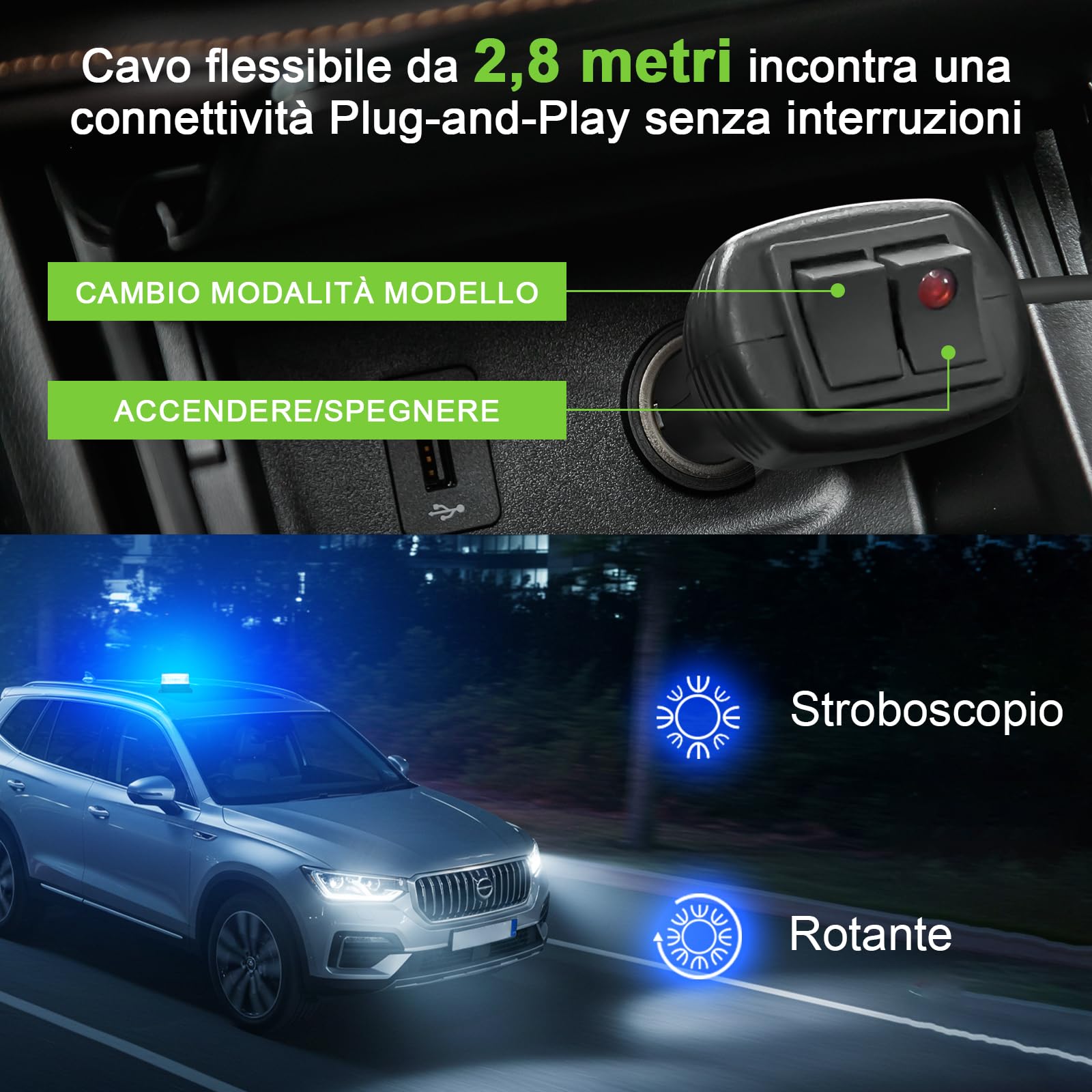 Lampeggiante Blu a 90 LED con Magnete - Luce di Avvertimento 12V 24V, cavo da 2,8 m, Impermeabile IP65, 2 Modalità per Camion, Attrezzature Edili, Agricoltura