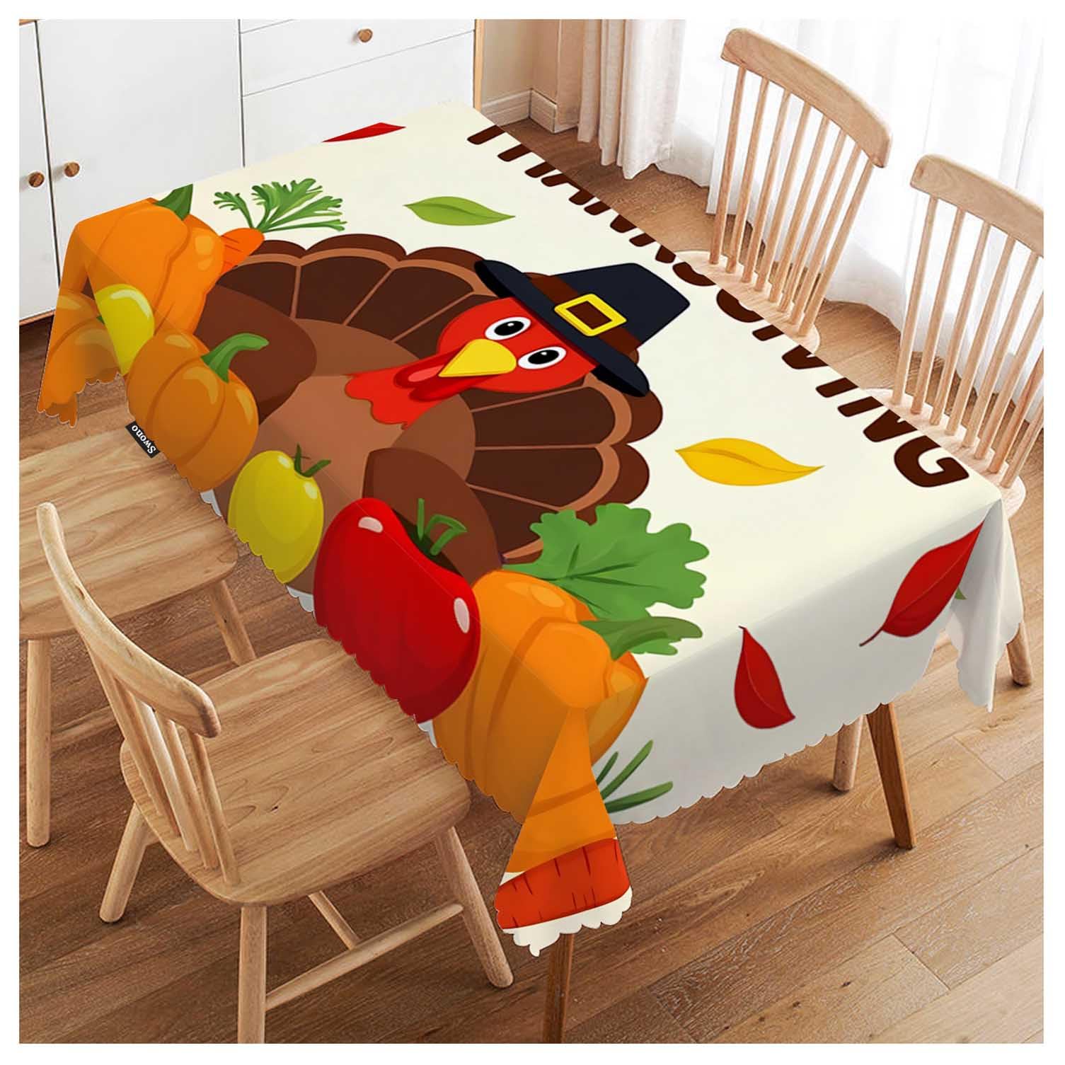 52x70 Inch Happy Thanksgiving Tablecloth Autumn Turkey Harvest Pumpkin Farmhouse Dining Table Cloth Anti-Stain Talking Table Cover for Kitchen Dinning Room Coffee Store