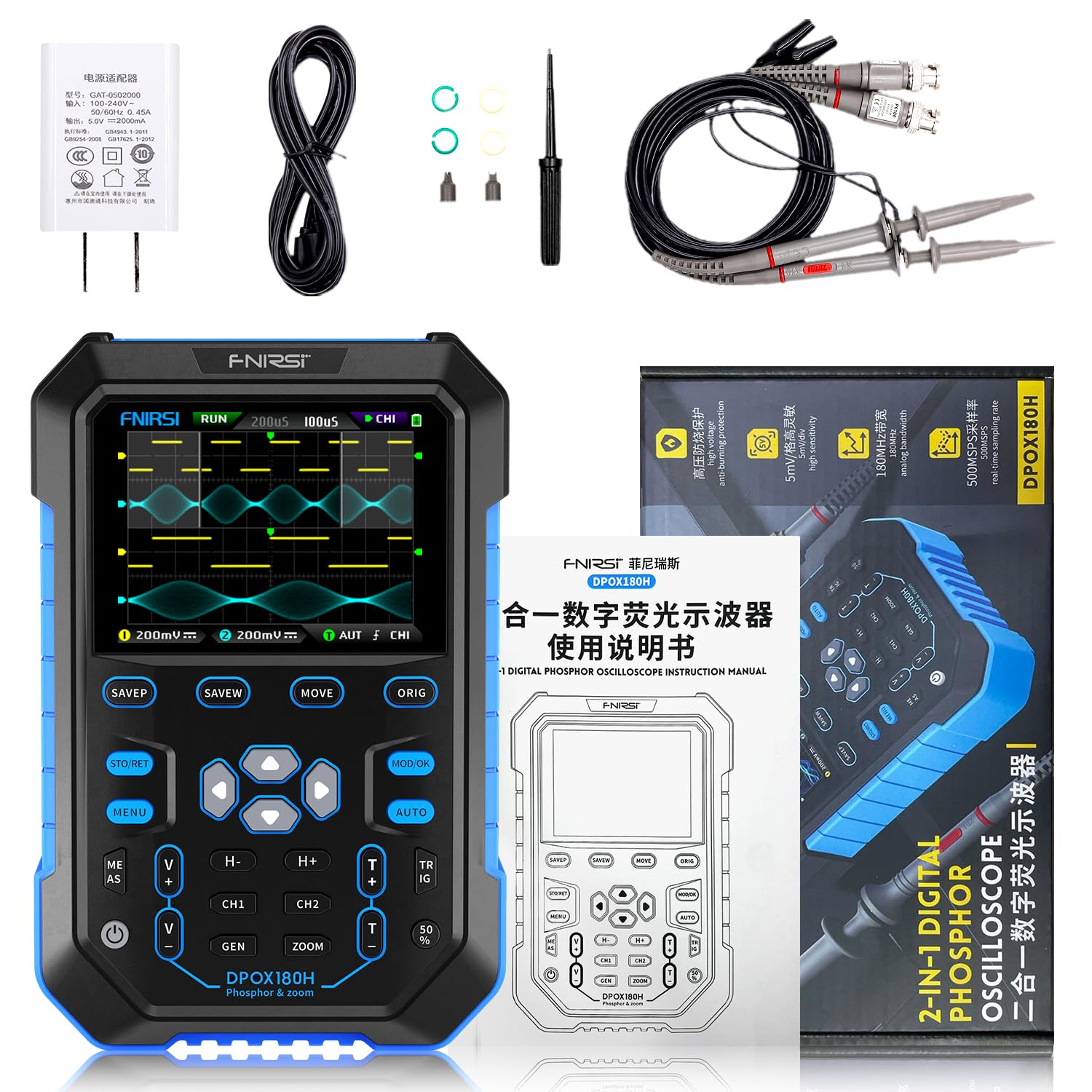 Oscilloscopio digitale al fosforo portatile DPOX180H 2 in 1 generatore di segnali, larghezza di banda analogica -3DB 180MHz, 500MSPS modalità XY ZOOM (DPOX180H)