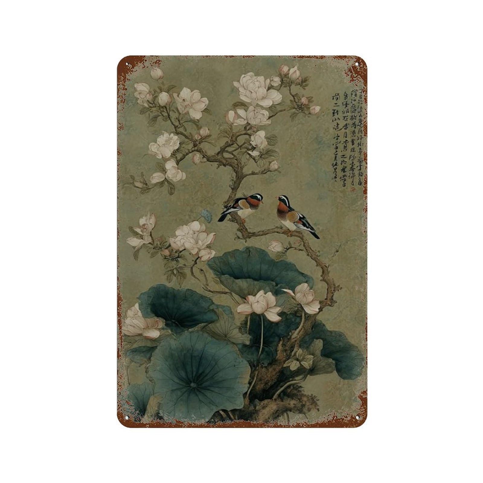 xiaoxiaoshen Botanical Bird Magnolia Blossom And Sow Traditional Asian Style Wall Decor Art Metal Tin Poster Modern Home Decor Art Home Bar Shop Decorations Vintage Sign 30x20cm