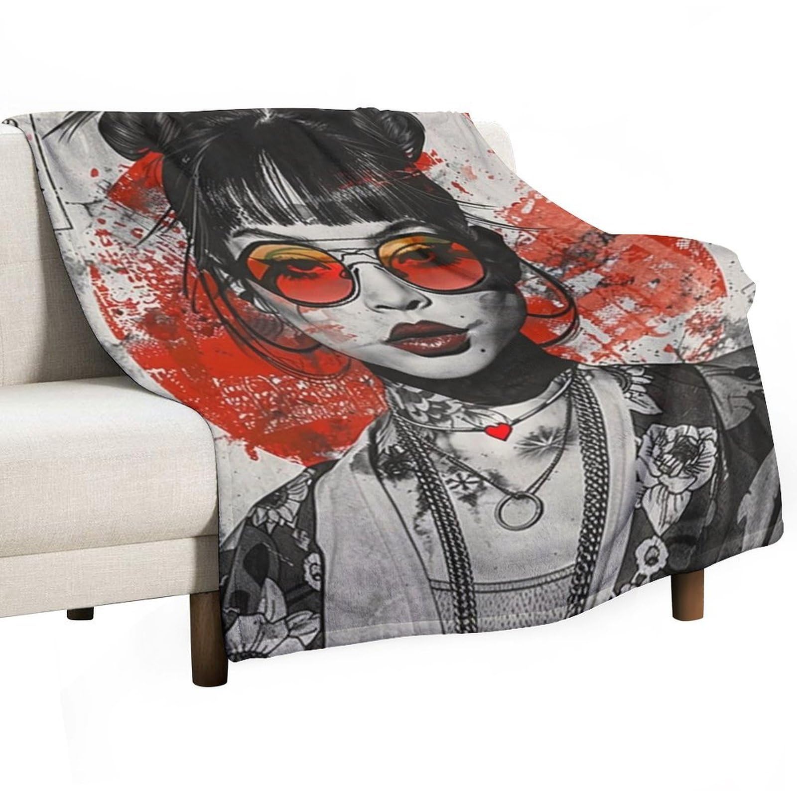 YHGSREUOH Ukiyo E Fusion Tattooed Asian Double Bun Girl 02 Flannel Blankets Fleece Soft Throw Lightweight Plush Gifts for Couch, Bed, Cozy Sofa Plush, Chair, Lovers 100x130cm(40x50in)