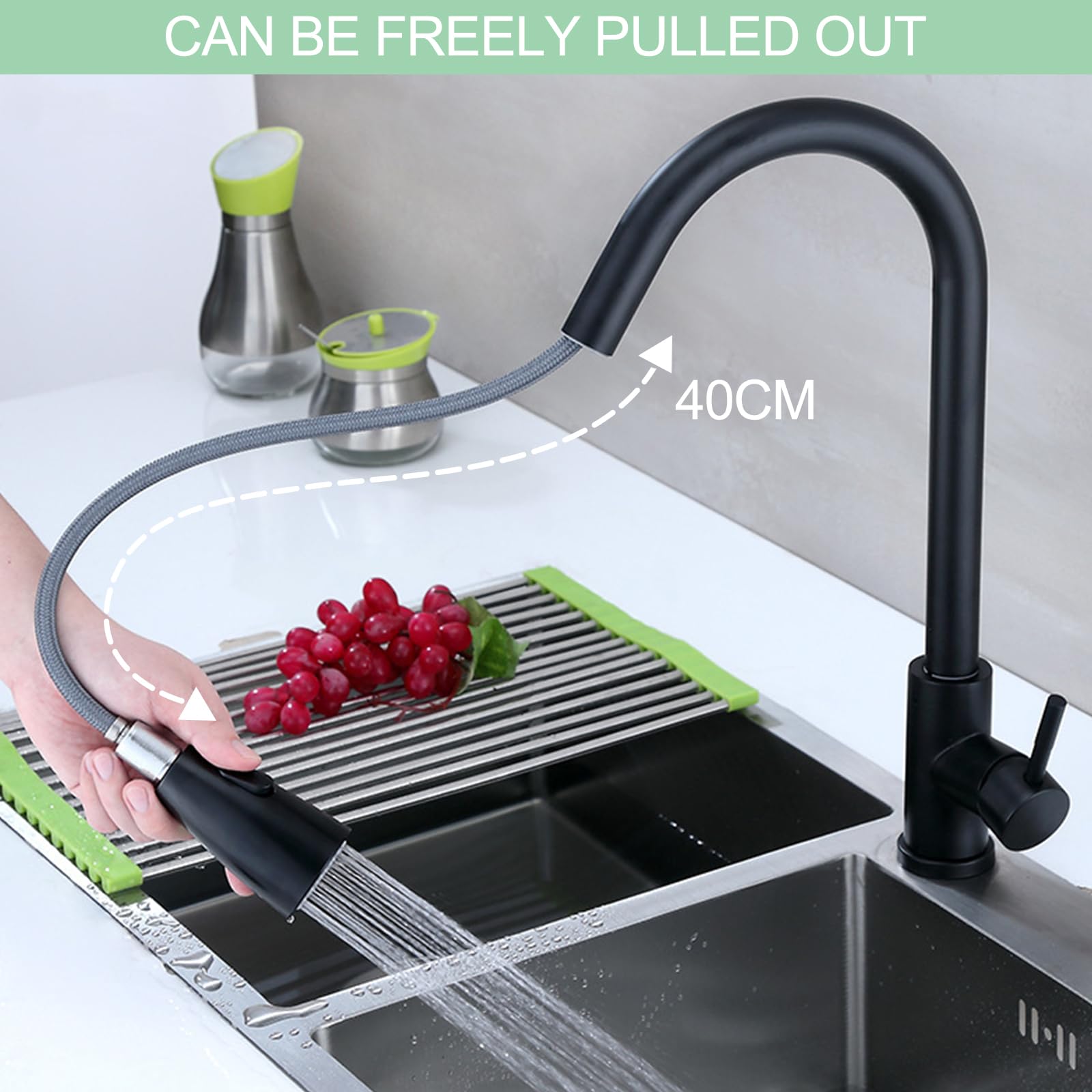 Grifo Cocina Extraible, Grifo Cocina Fregadero Extensible con 2 Modos de Agua Alcachofa Extraíble, Monomando, Giratorio a 360° Torneira Cozinha, Fácil Instalación, Negro