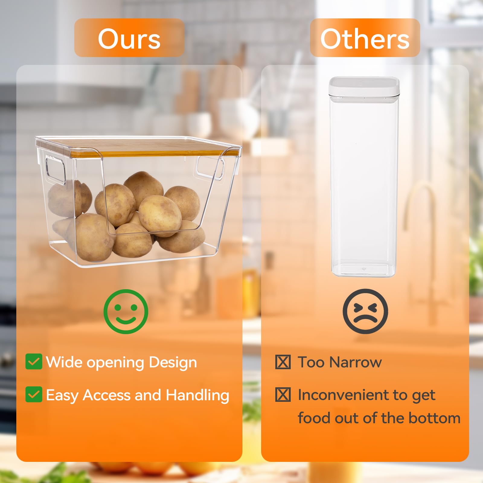Abiudeng Confezione da 2 contenitori da cucina impilabili per riporre e organizzare la dispensa, contenitori per alimenti per patate, verdure, frutta, con coperchio in bambù frontale ad ampia apertura