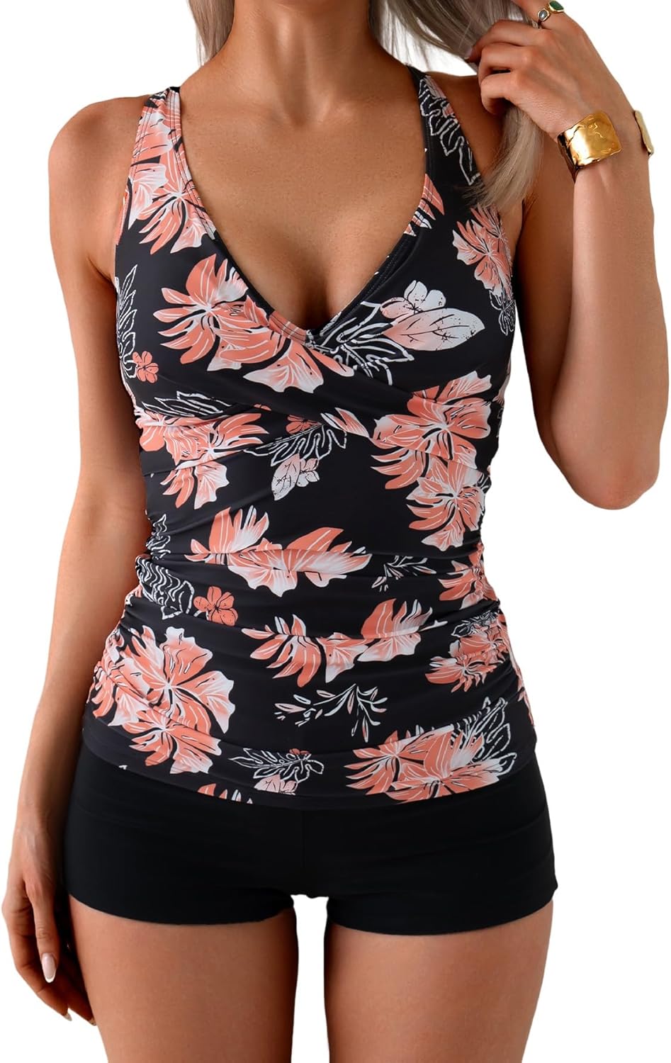 B2prity Women's Tankini Swimsuits Tummy Control Ruched Two Piece Bathing Suit V Neck Wrap Tie Back Swimwear with Shorts Black Floral Small
