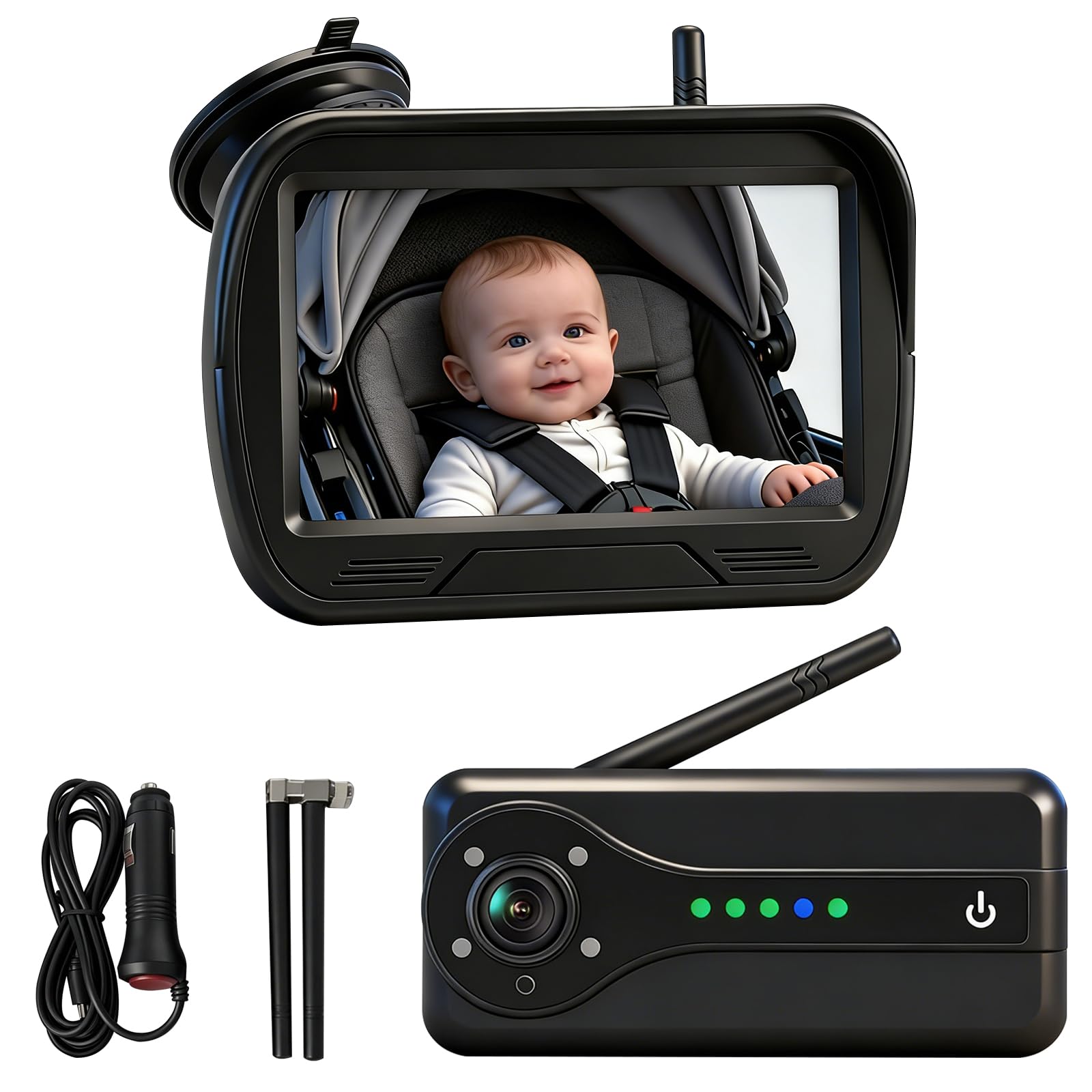 OBEST Espejo Coche Bebé Asiento Trasero Inalámbrica WiFi con Pantalla 4.3" | Retrovisor Cámara Bebe Coche Kit 1080P HD Visión Nocturna, 24H Espejo Camara Coche Bebe Ajustable 360, Plug and Play