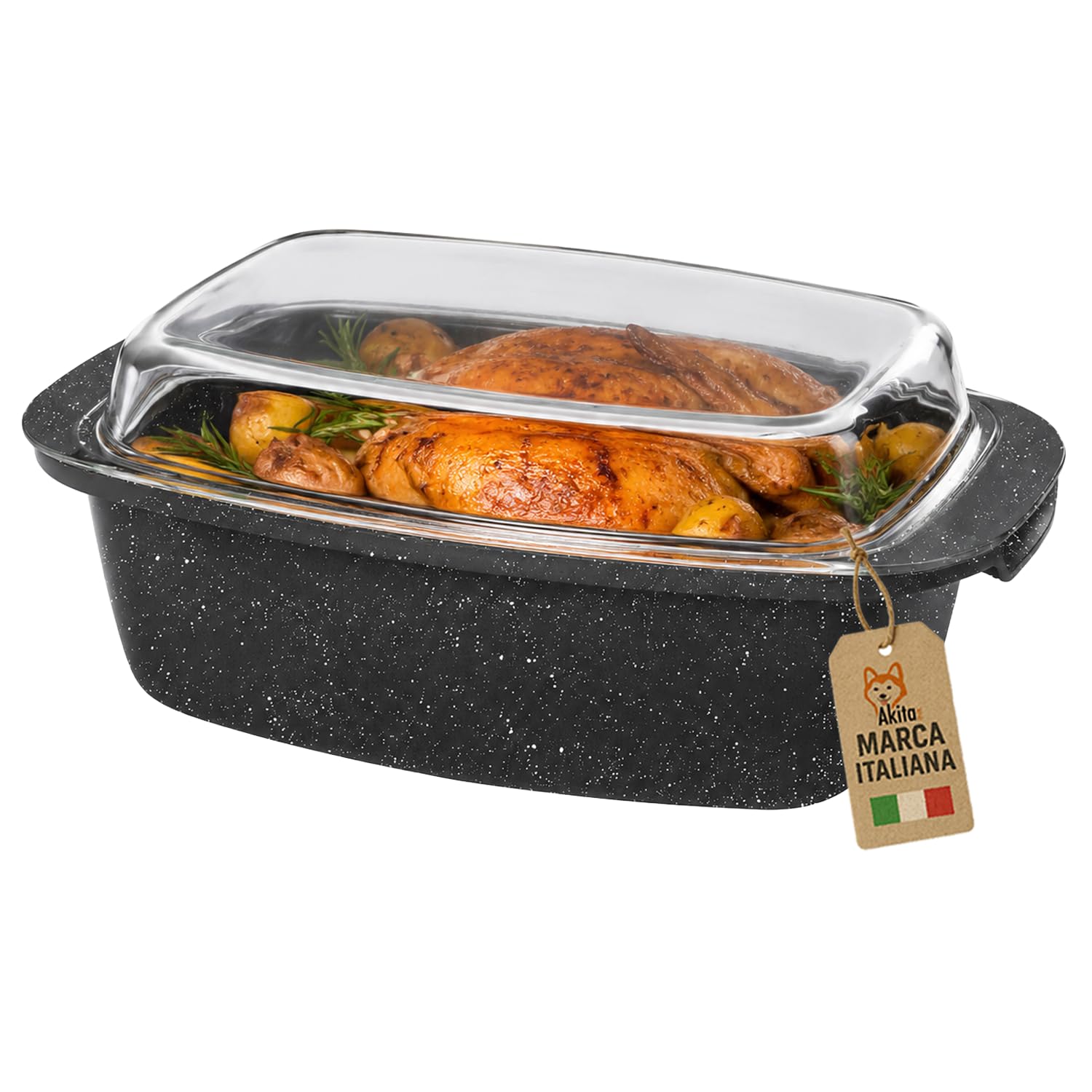 Akitaink Rostiera con Coperchio 32,5x21 cm, Teglia in Alluminio Pressofuso Antiaderente con Coperchio in Vetro, per Forno, Lavabile in Lavastoviglie
