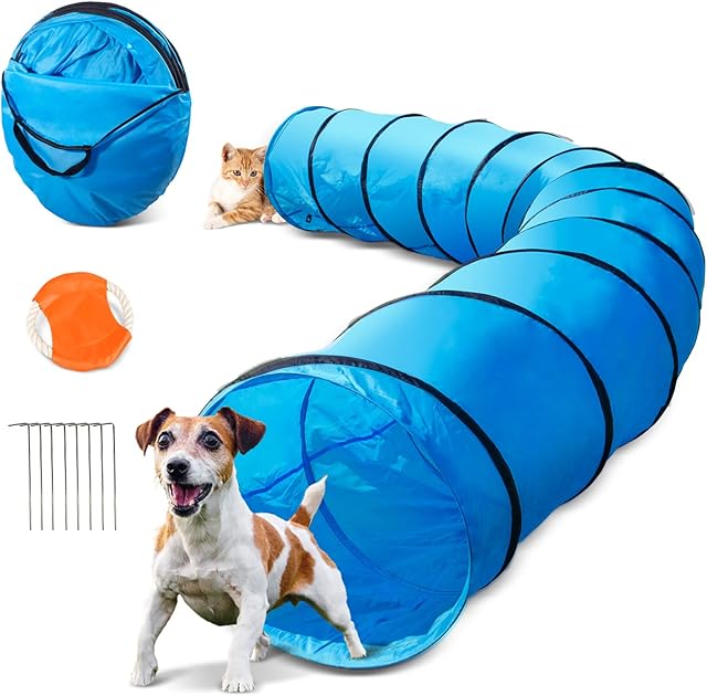 Masthome Dog Tunnel, 5m Long Play Tunnel for Dogs & Cats, Dog Agility Equipment with 8 Pegs, Send Dog Flying Disks