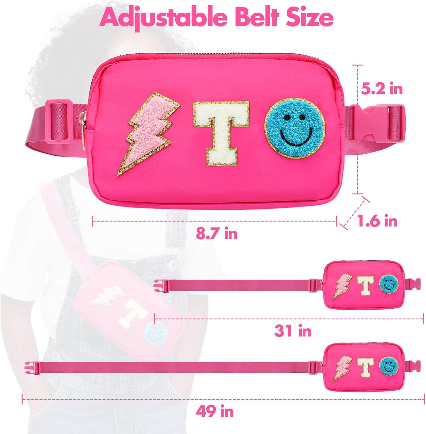 Fanny Pack for Girls Crossbody Bag, Preppy Nylon Kids Belt Bag for Birthday Christmas Graduation Personalized Gifts, Pink Chenille T Letter for Women Teen Girls Fanny Pack - Image 4