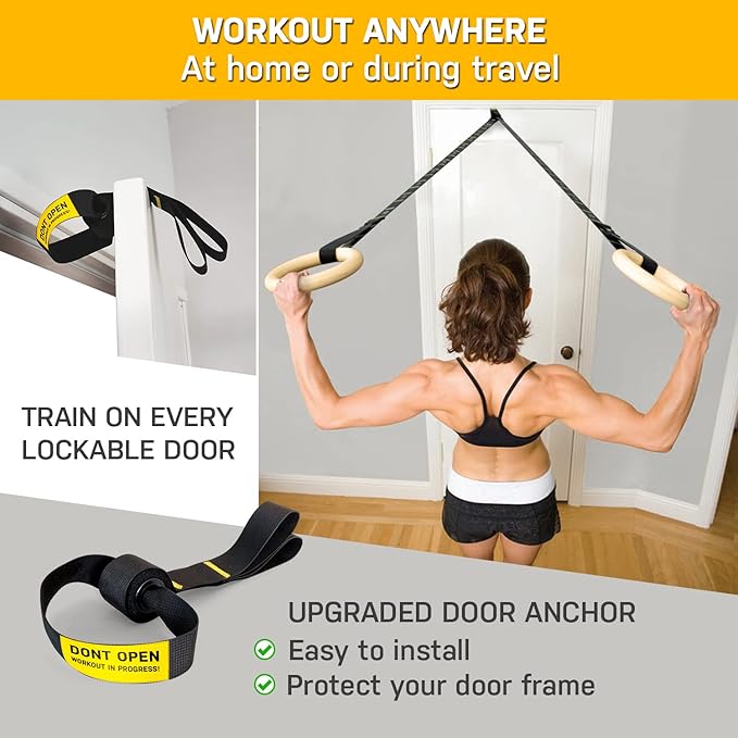 Unlock your fitness potential with the complimentary exercise video guide and Ebook provided with every set. Filled with comprehensive workouts for both upper and lower body using our gymnastic rings, this online resource is designed to fast-track your journey to achieving the muscular physique you desire. Simply follow the easy-to-access instructions included with your product to dive into a world of dynamic exercises tailored to maximize your fitness gains. Say goodbye to expensive gym memberships and hello to efficient, exhilarating home workouts with our Double Circle athletic rings set.