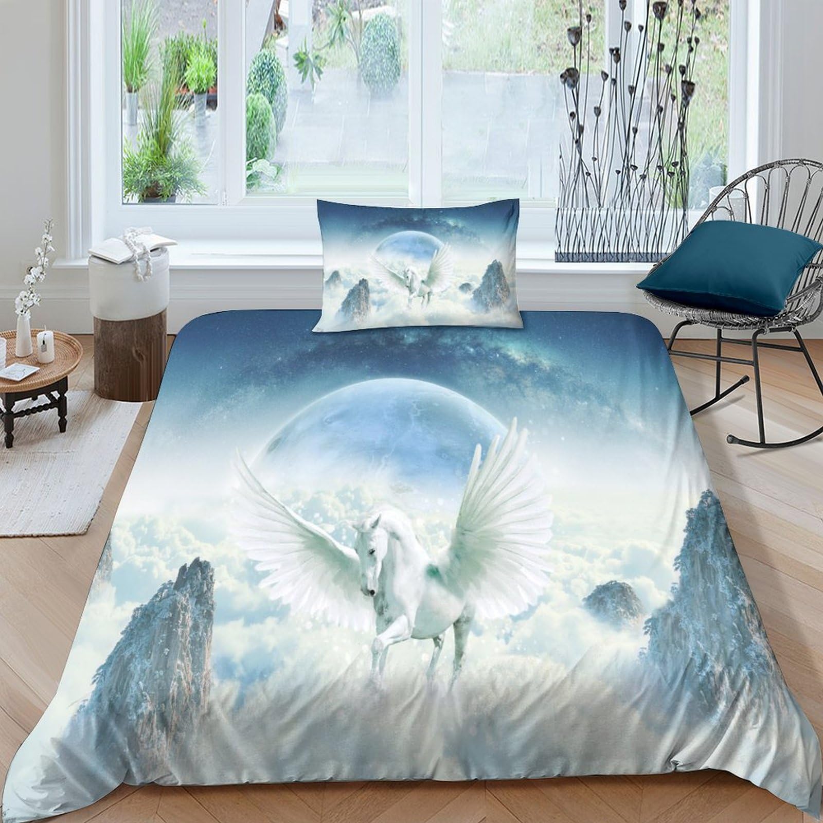 Housse de couette cheval blanc volant 135x200cm avec taies d'oreiller