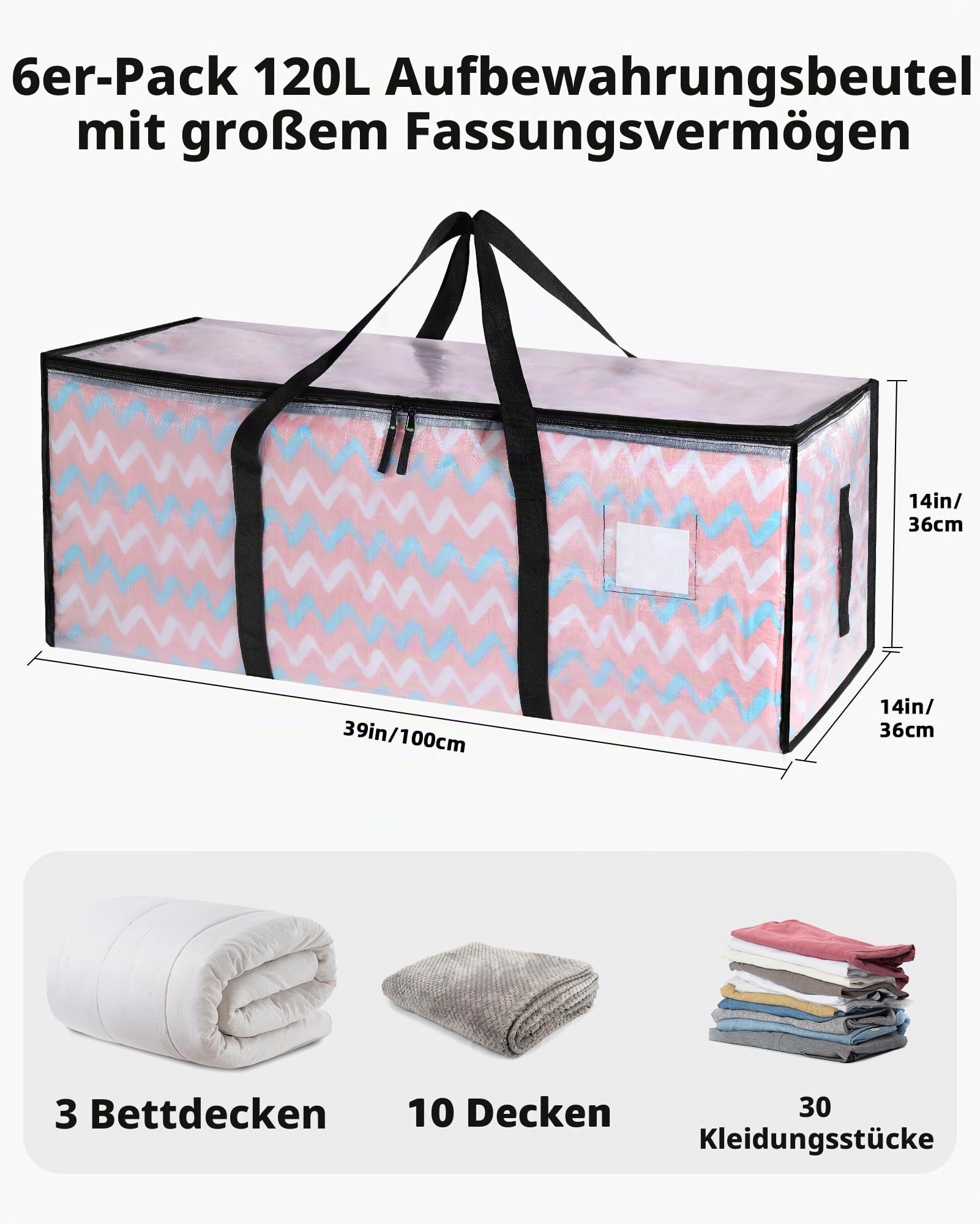 JOJOSEE 6 Stück 120L Aufbewahrungstasche, Große Transparente Umzugstaschen mit Reißverschluss Griff Faltbare Kleideraufbewahrung Umzugskartons Umzug Camping Bettwäsche Aufbewahrung Wiederverwendbar