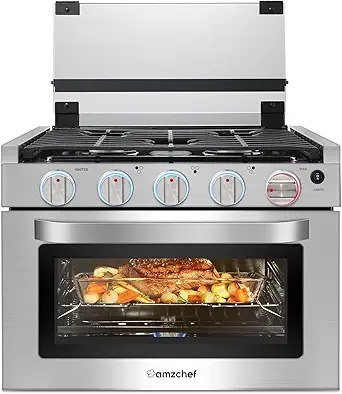 AMZCHEF RV Gas Range 17 Inches Tall, 1.24 Cu.Ft Propane Range Oven with 3 Burners Stove for RV, Apartment, Mobile Home, Stainless Steel.