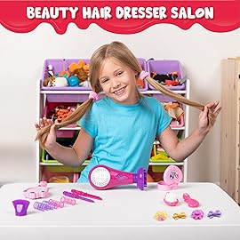 JOYIN 17Pcs Girls Beauty Salon Set, Pretend Role Play Doll Hair Stylist Toy Kit with Hairdryer, Mirror, Curling Iron and Other Accessories for Kids Toddler Fashion Cutting Makeup Party Favor
