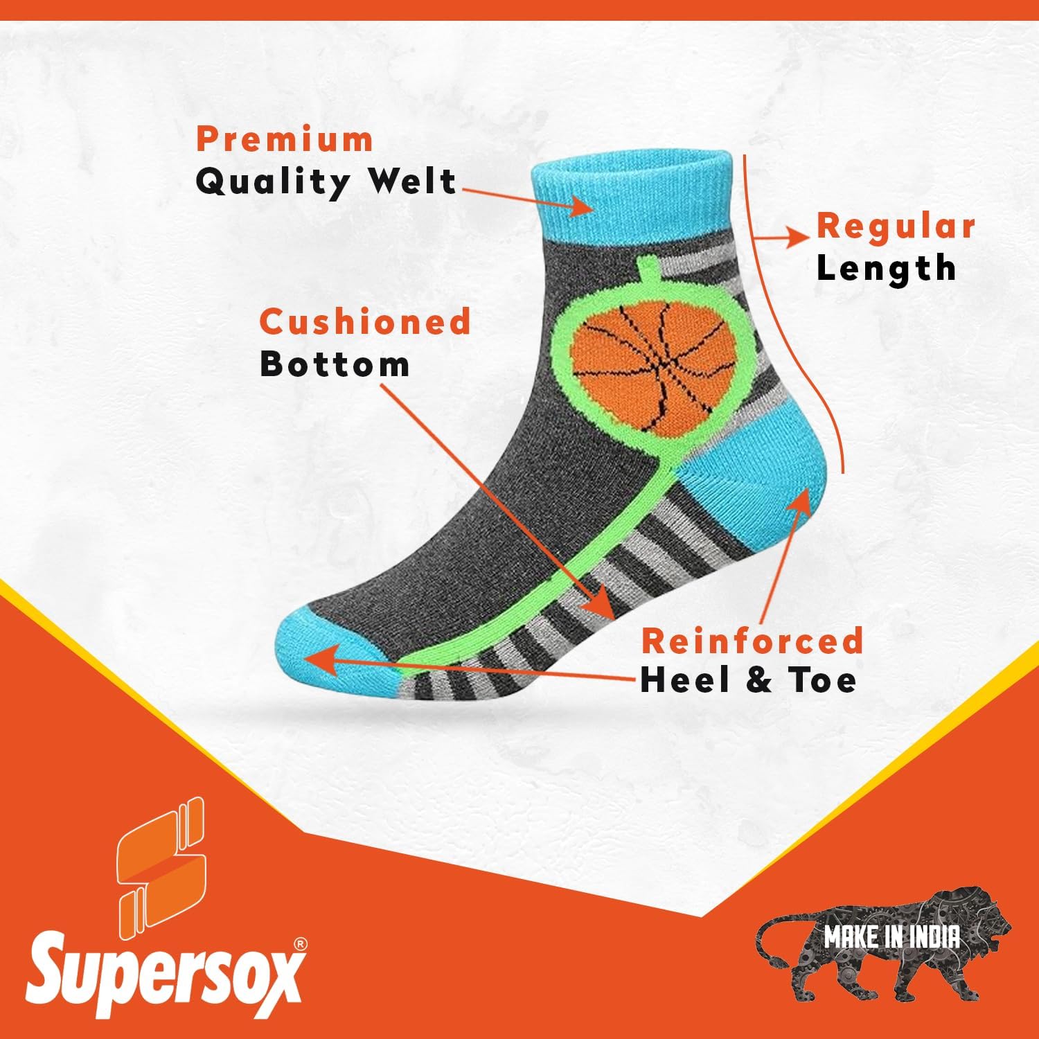 Supersox Regular Length Sports Socks for Kids,Made with Breathable,Anti Odour & Moisture Absorbent Combed Cotton with a Extra Durable Welt,Ideal For All Day Wear (Pack Of 5) (11-12 Years),Multicolour 2