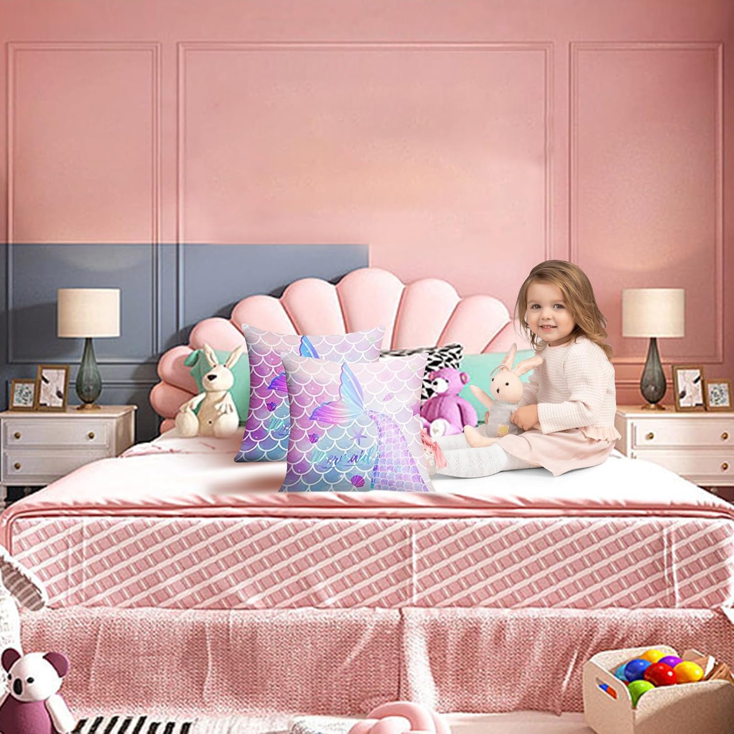 MUSOLEI Mermaid Pillow Cover,18x18 Pack of 2 Square Soft Mermaid Tail Blue Pillow Cases with Zipper Mermaid Nursery Decor Girl Bedroom Decor Little Mermaid Room Decor for Girls Couch Sofa Living Room