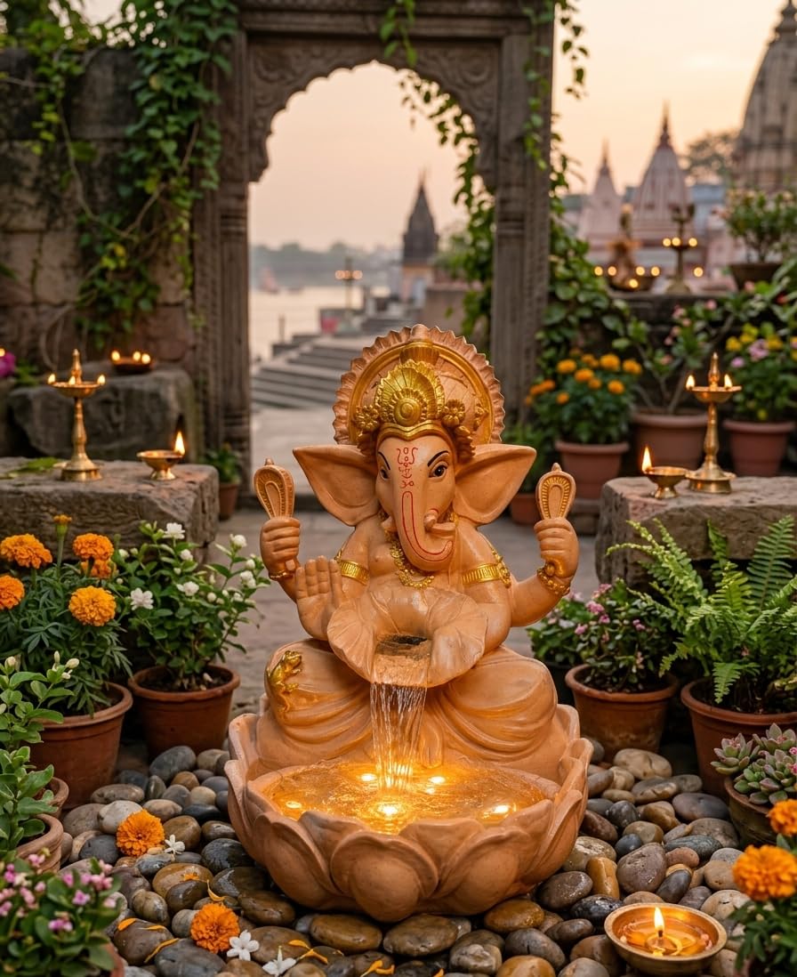 Ani Divine Traditional Orange Lotus Ganesha Fountain | 1.8 Feet Ganpati Waterfall Decorative Showpiece for Balcony, Entrance, Meditation Room, Festive Decoration-image-29