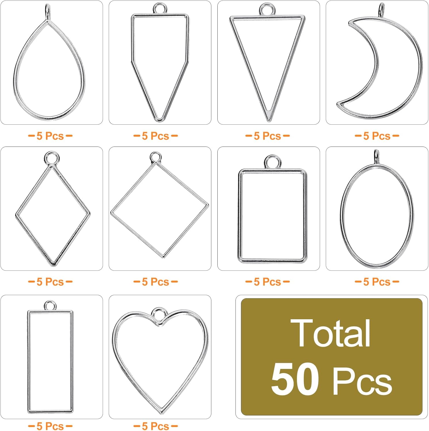 uxcell 50Pcs Alloy Open Bezel Pendants, Hollow Frame Pendant Geometric Open Back Frame Pendant for Resin Jewelry Making Earrings Necklace Bracelet DIY, Silver Tone - Image 4