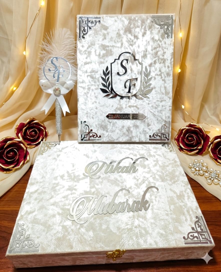 customized and Personalised Fancy Wedding Hamper Set 4 Items Combo Including Qubool Hai Pen, Nikah Nama Booklet, Nikah Nama Box and Inkpad, Bride And Groom Nikah Mubarak Wedding Gift-image-10