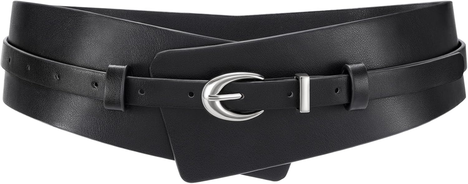 WHIPPY Women Wide Leather Belt Fashion Ladies Dress Belt 2-in-1 Waistband with Skinny Belt for Dress Suits