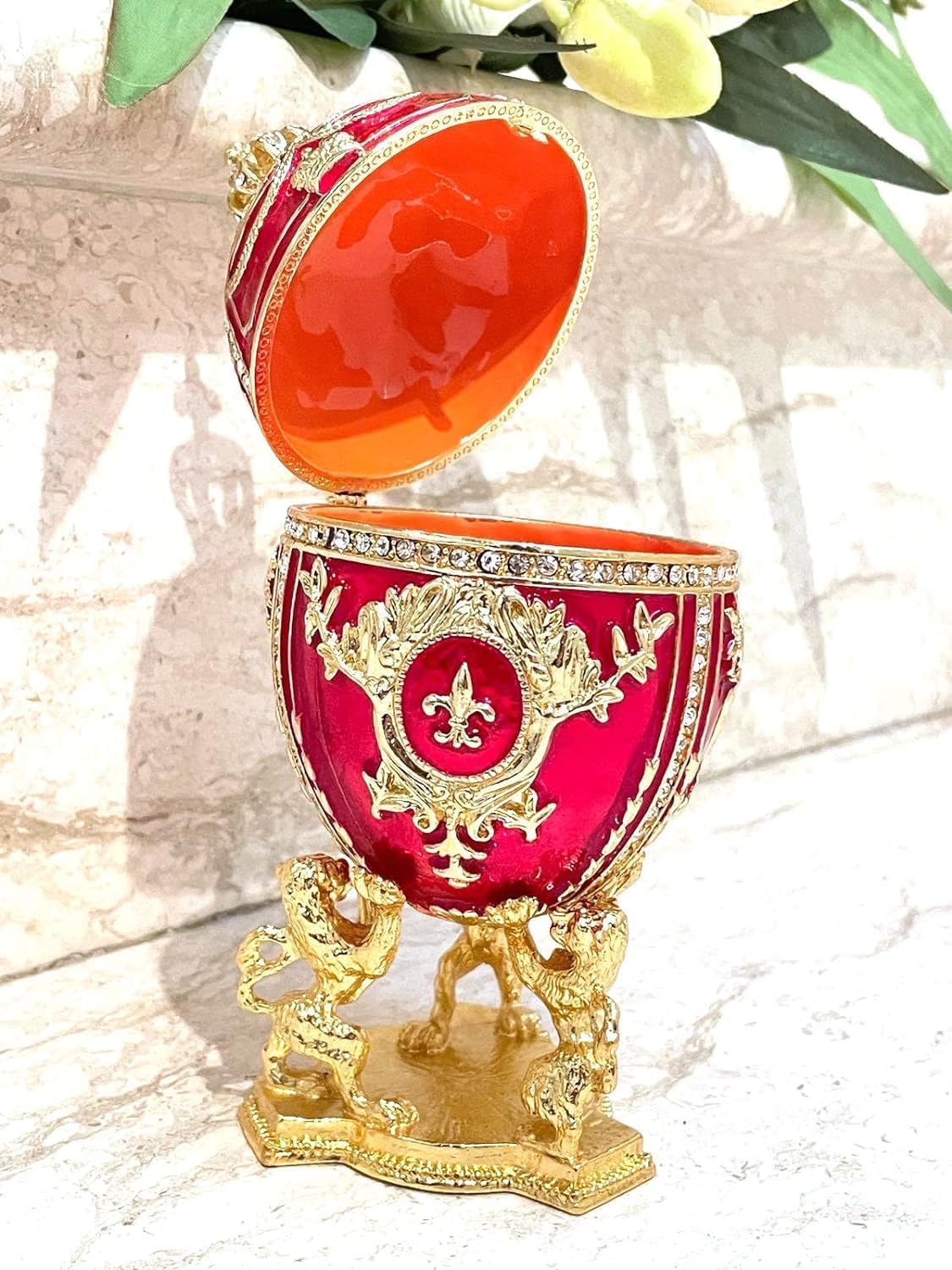 Fabergé Egg Pure GOLD decor 4ct Collectors Egg Russian Jewelry Box Faberge Egg Trinket HANDMADE Faberge Box 200 Austrian Crystal Diamonds & Gold Bracelet Womens Jewellery Gift Ideas (Royal Ruby Red)