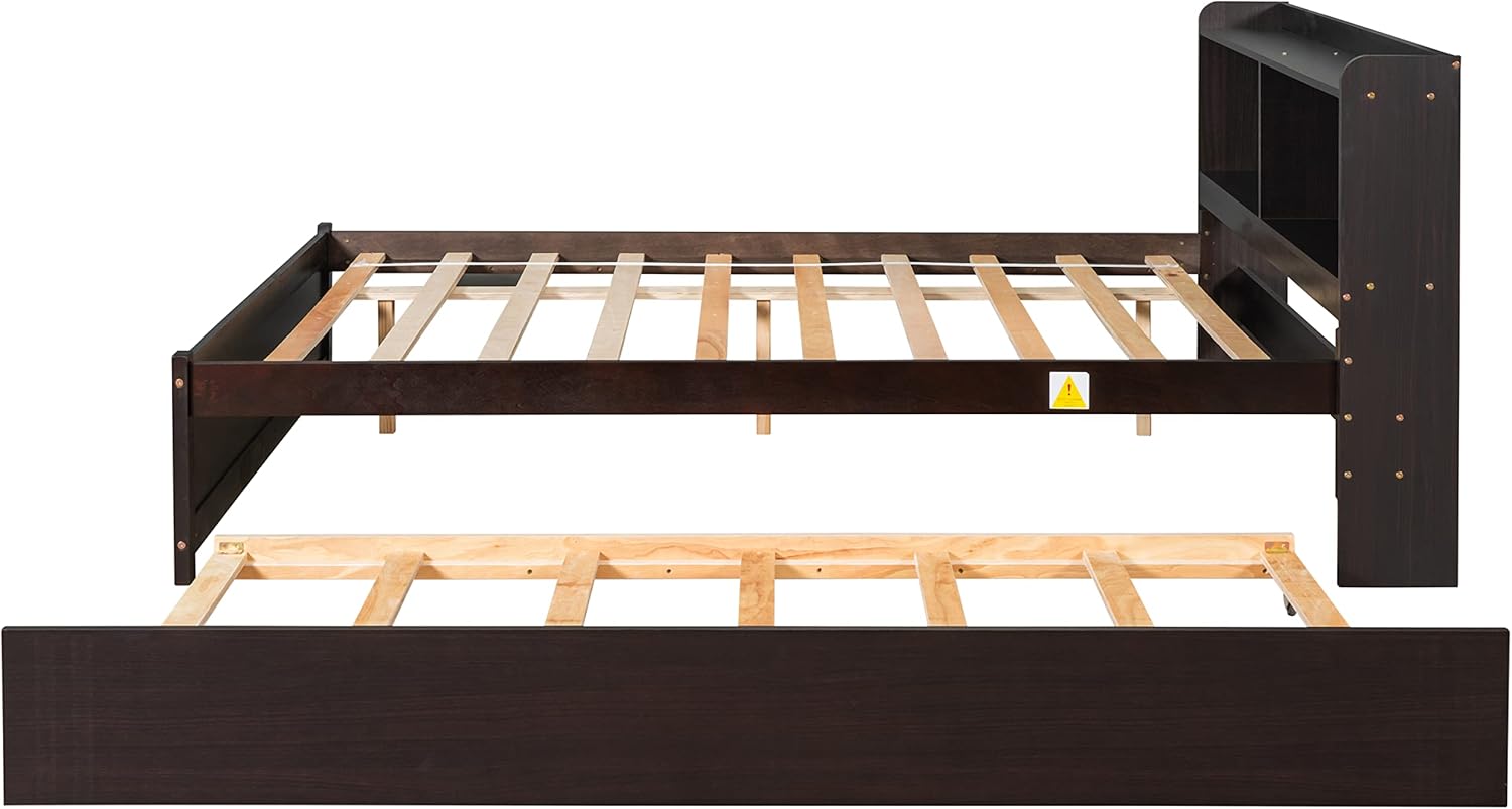PVWIIK Full Platform Bed with Trundle and Bookcase for Girls,Boys,Wooden Bed Frames with Headboard,Noise-Free,No Box Spring Needed,Espresso