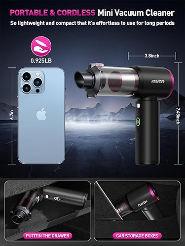 Miniatura 9 de Mini aspiradora portátil inalámbrica con luz LED, potente succión de 15000 PA, alta potencia de 80 W, vacío con un solo clic, filtro HEPA doble,