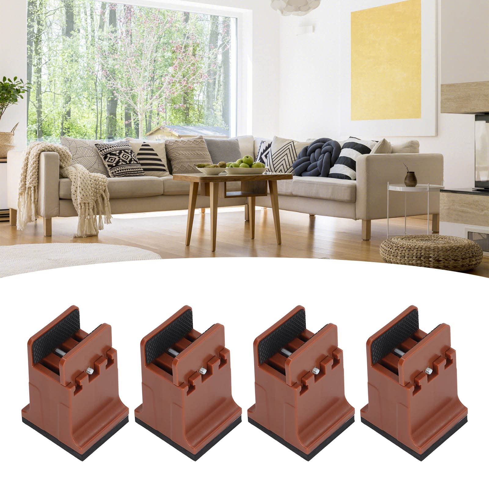 Lyrlody Raised Bed Blocks, 4pcs Adjustable Furniture Risers with Screw Clamp, Rubber, Brown, for Cabinet Sofa Table Desk Feet Lifting - Image 2