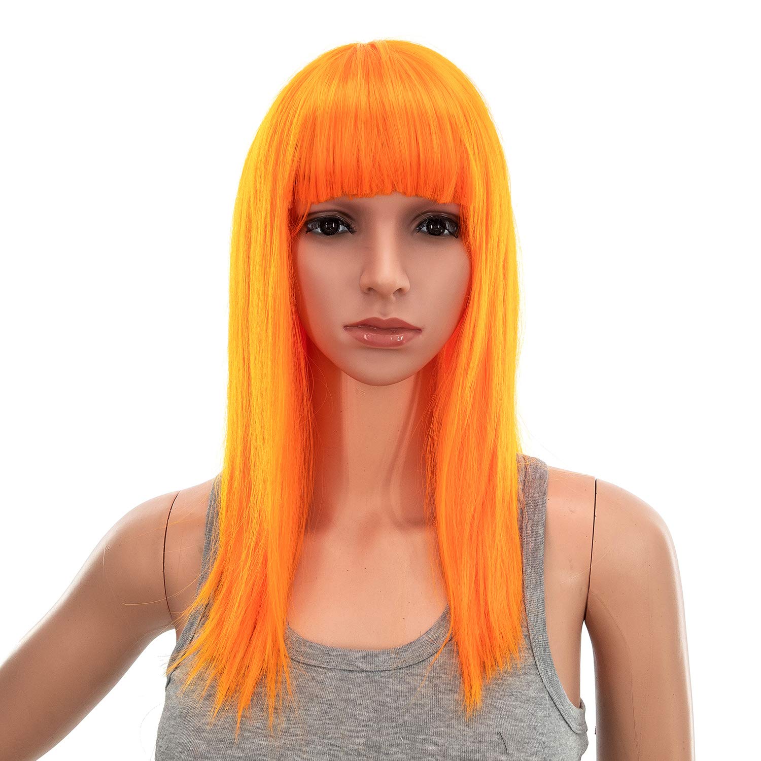 SWACC14 Inches Short Straight Medium Shoulder Length Wig with Blunt Cut Bangs and Bottom End Synthetic Heat Resistant Hair Wigs for Women with Wig Cap (Orange)