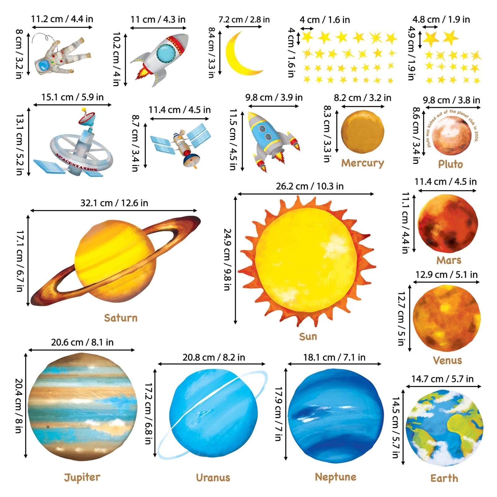 DECOWALL Pegatinas de Pared del Sistema Solar y Planetas para Niños, Adhesivos Decorativos Educativos del Espacio con Nombres en Inglés para Habitación Infantil y Sala de Juegos (DS8-1307)
