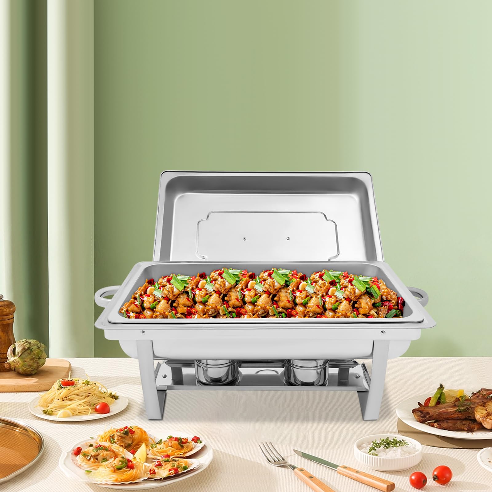 Chafing Dish - Scaldavivande in acciaio inox, 9 l, per buffet e catering, contenitore termico rettangolare con telaio pieghevole, per feste e matrimoni (62 x 34 cm)