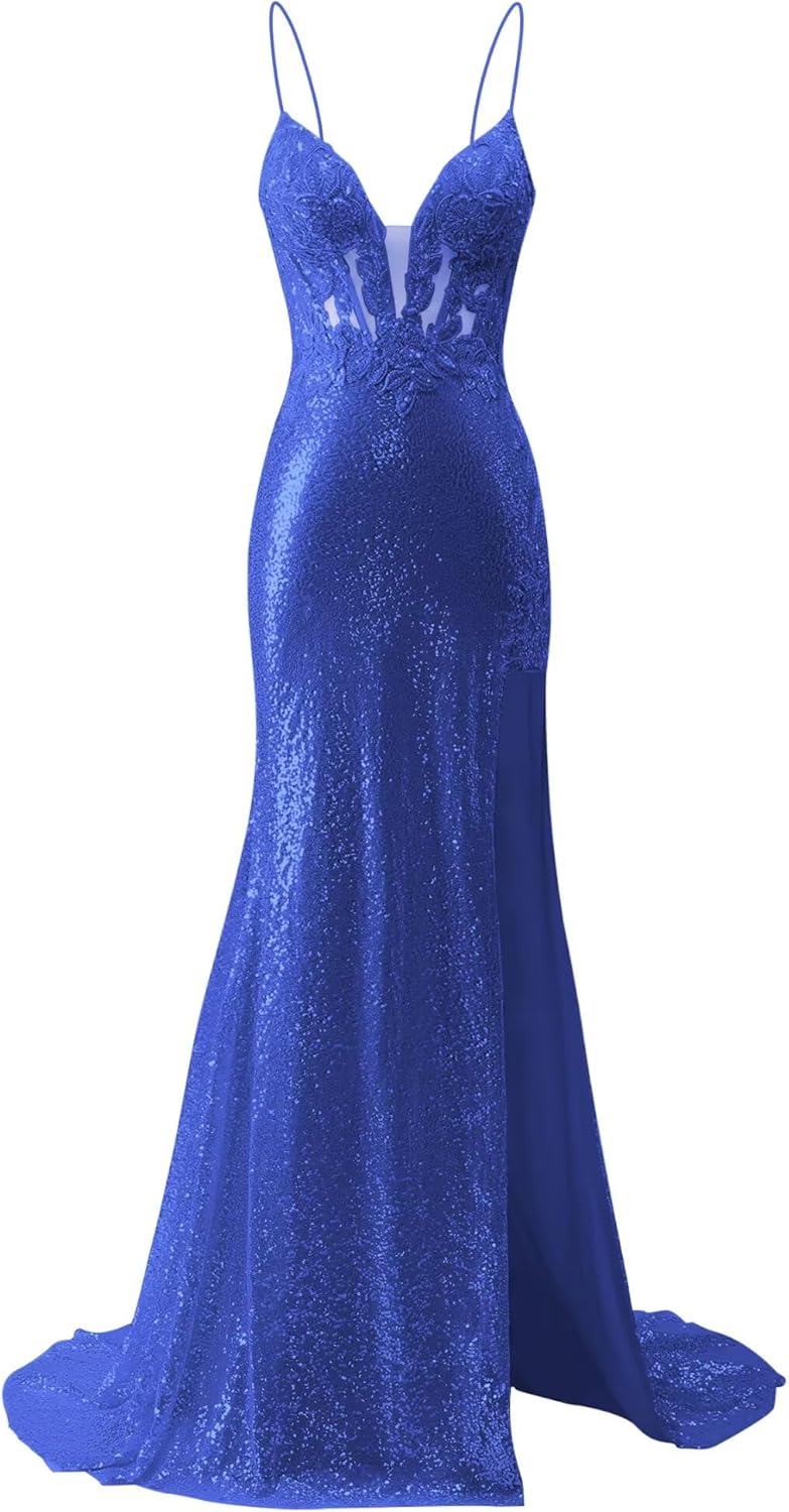 Women's Sequin Mermaid Prom Dresses 2025 Spaghetti Straps V-Neck Lace Applique Formal Evening Dress