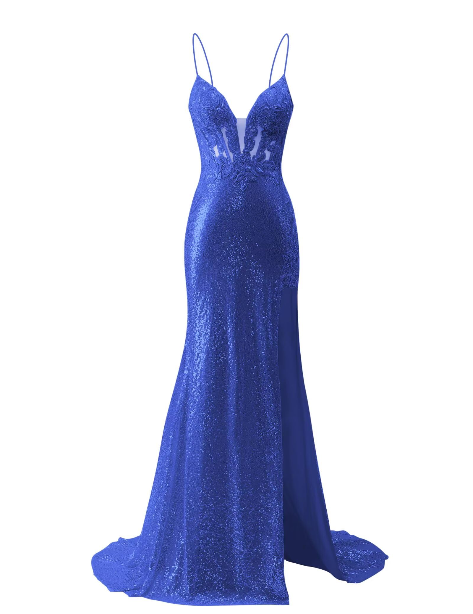 Women's Sequin Mermaid Prom Dresses 2025 Spaghetti Straps V-Neck Lace Applique Formal Evening Dress