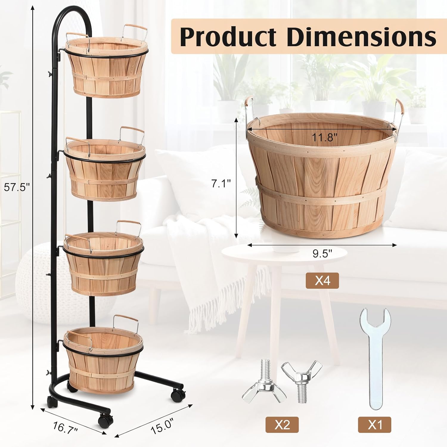 FoldTier Retail Display Stand with Wheels, Round Wooden Baskets with Handles, Handcrafted Vintage Style Storage Rack for Market Display, Bread, Snacks, Wood Fruit Baskets Stand (57.5" H)