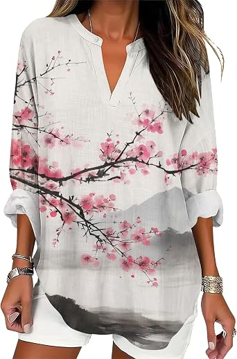 Womens Japanese Art Print Shirt Cherry Blossom Novelty Graphic Tees Long Sleeve Dressy Casual Drop Shoulder Loose Fit Tunic Boho V Neck Blouses Fall Fashion Outfits 5XL