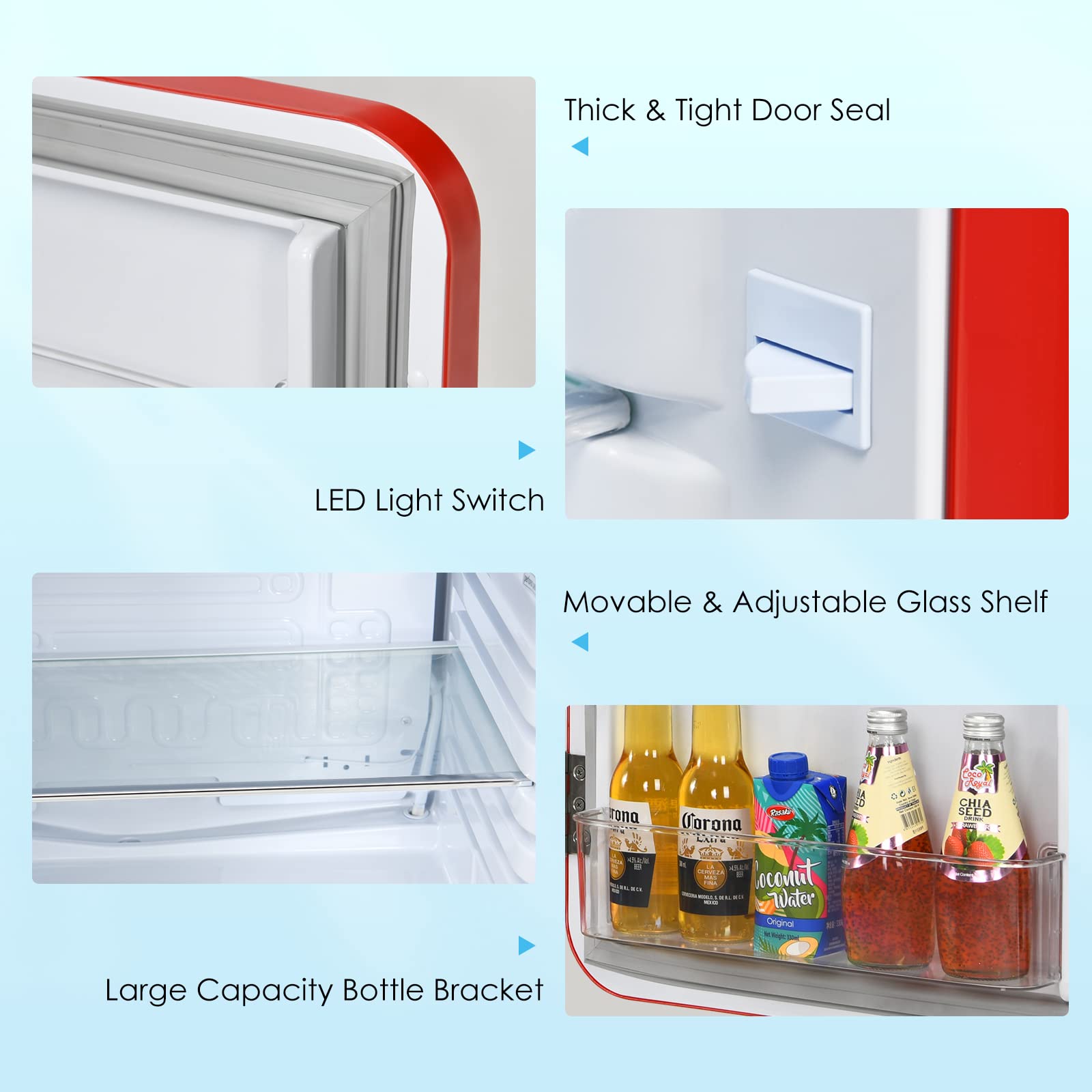 COSTWAY Mini Fridge, 42L/68L Compact Table Top Refrigerator with LED Light, Adjustable Thermostat, Reversible Door and Removable Glass Shelf, Home Dorm Drinks Wine Refrigerators (68L, Red) — view 3