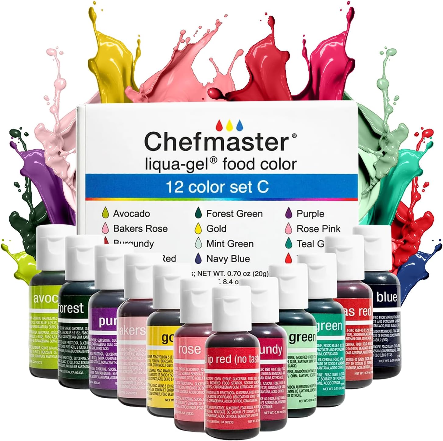 Chefmaster - Liqua-Gel Food Coloring - 12 Color Set C - Fade Resistant - 12 Pack - Vibrant, Eye-Catching Colors, Easy-To-Blend Formula - Made in the USA