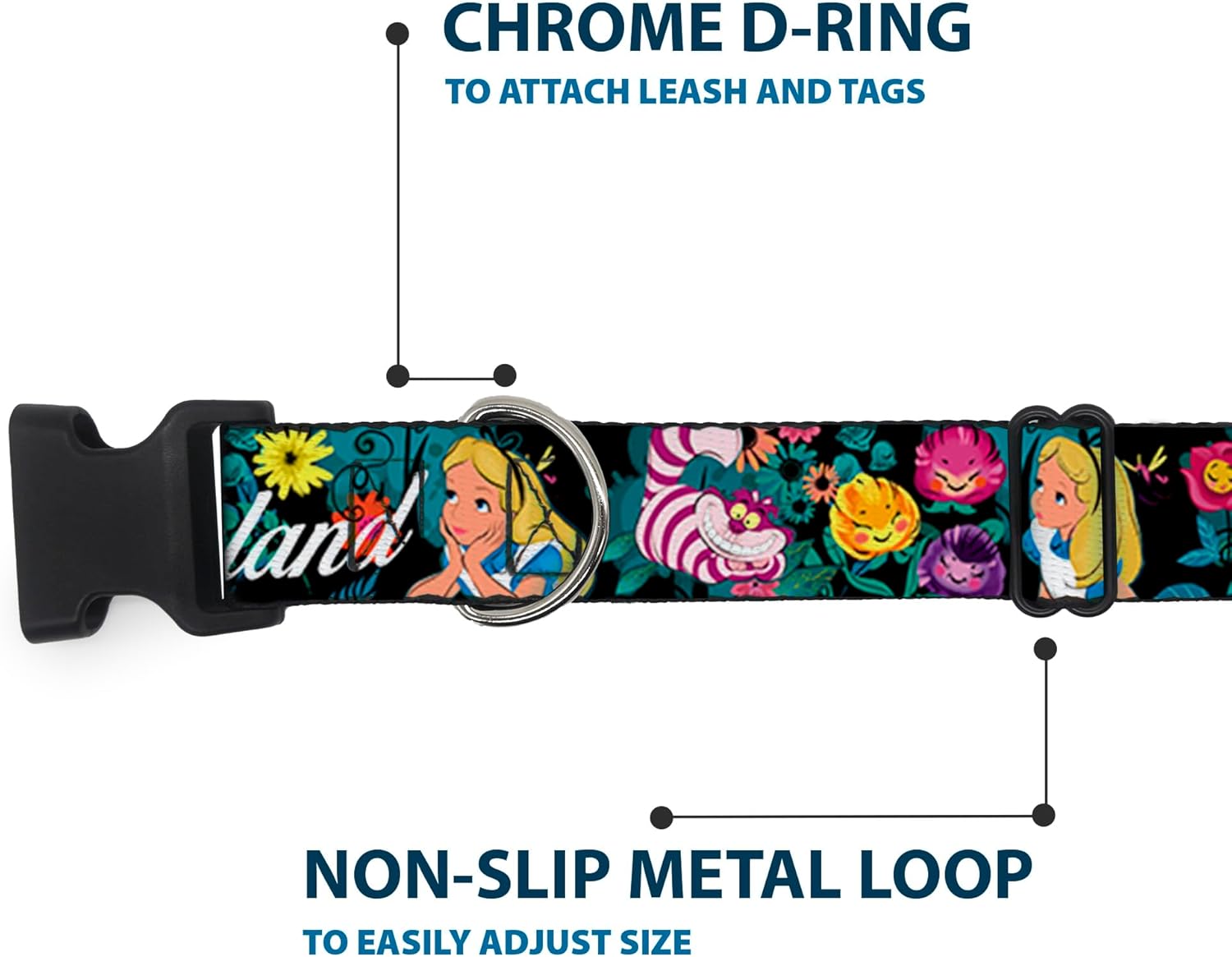 Buckle-Down Alice/Cheshire Cat/Flowers Poses2/Follow Me To Wonderland Plastic Clip Collar, Wide Large/18-32"