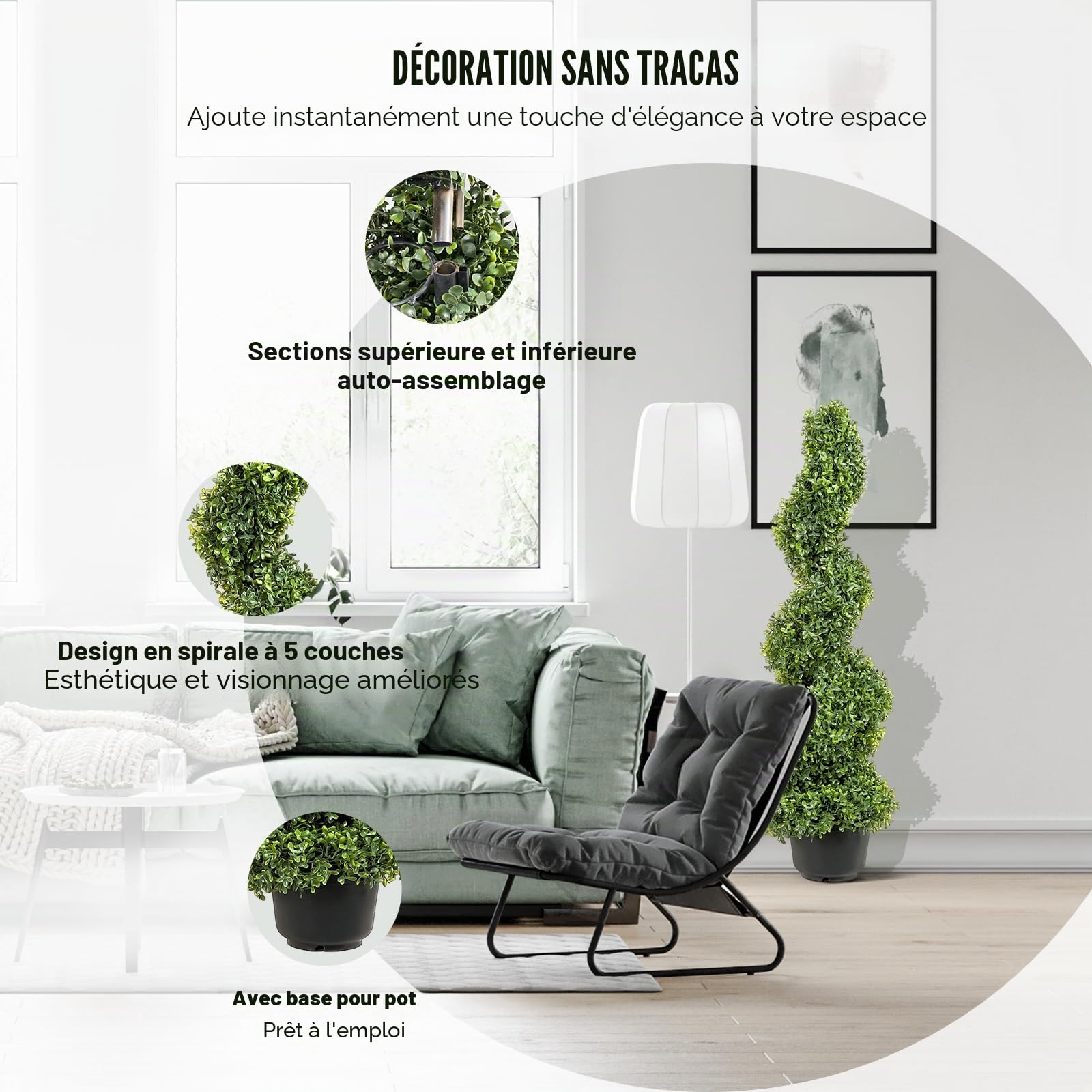 VEVOR Buis Topiaire Artificiel 91 cm Buis Artificiel Extérieur en Spirale 2 Fausses Plantes en PE 10 Feuilles Remplaçables avec Pot sans Odeur pour Décoration Intérieur Jardin Terrasse Balcon Entrée