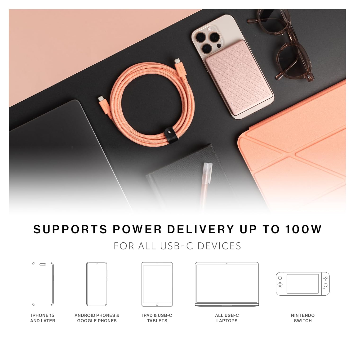 Native Union Belt Cable XL 100W – 10ft/3m Ultra-Strong USB-C to USB-C Charging Cable for iPhone 17/17 Pro/17e, iPhone Air, MacBook Pro/Air (M5/M4/M3), iPad Pro (M4), Surface Go 5/4 (Apricot)